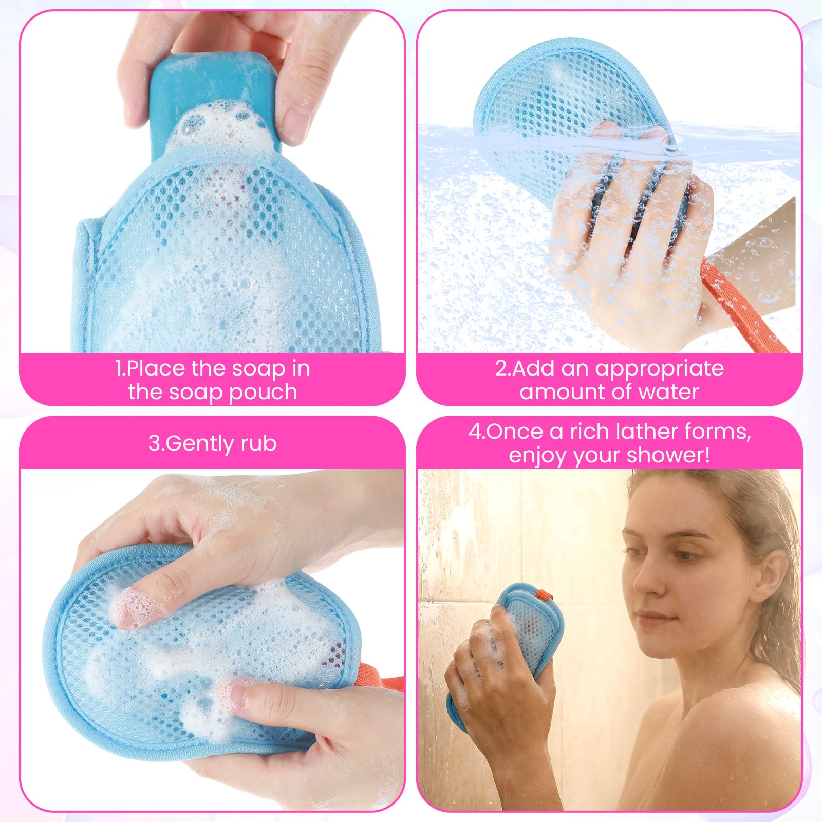 Bolsas de jabón de red para limpieza corporal, exfoliantes suaves, esponjas de baño con asa (azul, rosa, verde, caqui)