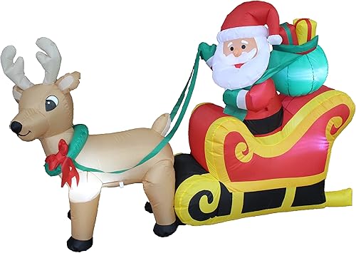 Papá Noel inflable de Navidad de 6 pies de largo en trineo con reno y decoración de patio de regalo