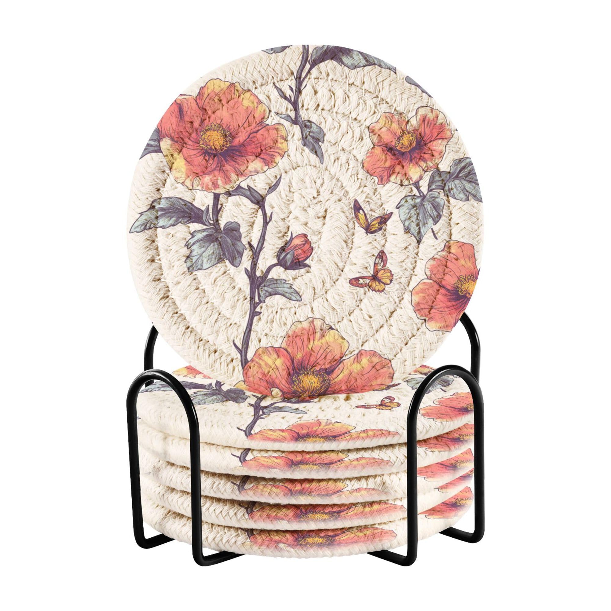 Rustic Begonia White Cotton Rope Coasters Absorbant Set of 6 with Holder Aesthetic Coasters