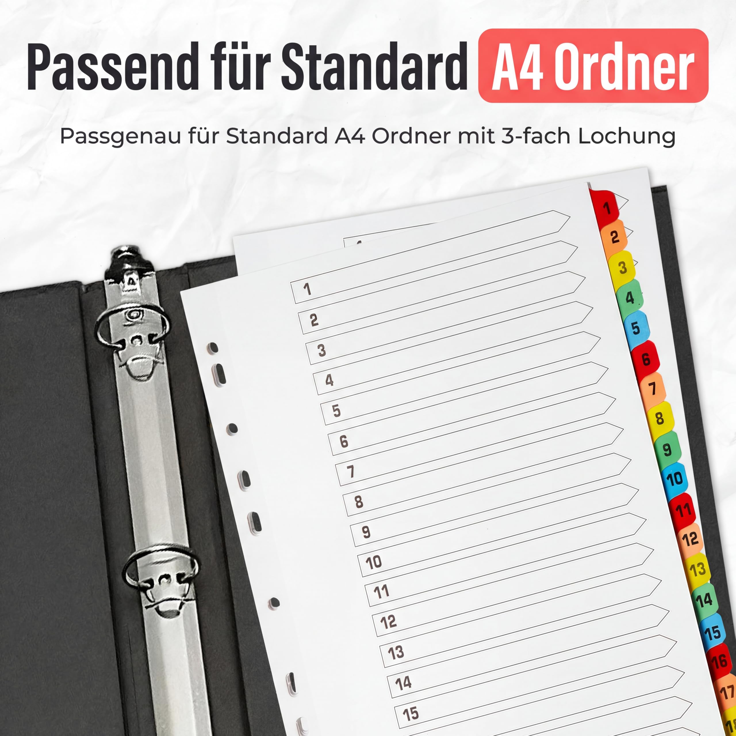 The Paper Shop A4 Ordner Register Unterteiler Hochformat 150 g/m² | 10 Pack | 20-Teilig Nummeriert 1-20 | Mehrfach Gelocht | Verstärkte Farbige Tabs Für Büro Schule Archiv Organisation