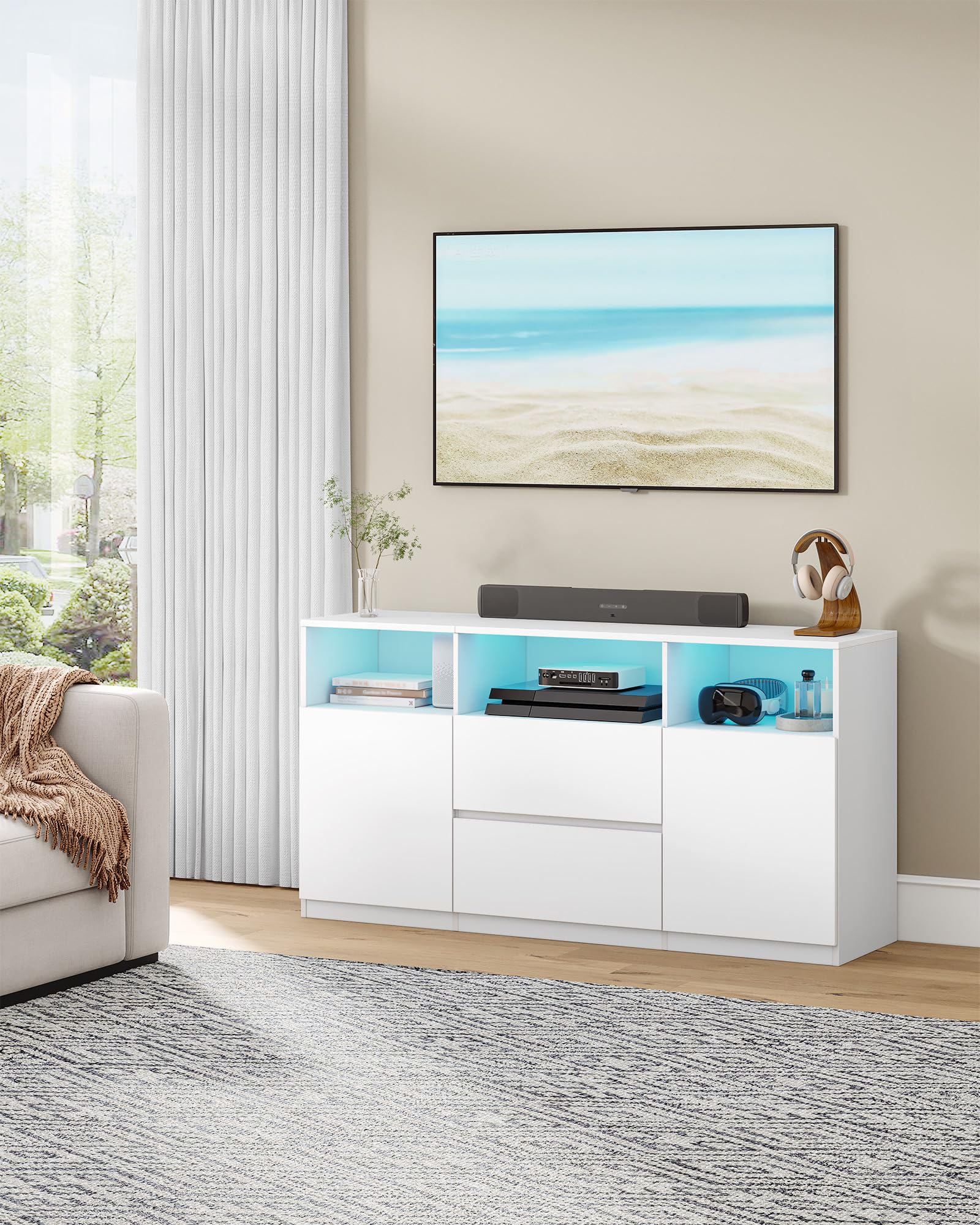 Hzuaneri Meuble TV avec LED RGB et Télécommande (25 Couleurs) Sideboard, 147 cm Banc Télé pour Téléviseurs jusqu'à 65", 2 Espace de Rangement Ouvert, pour Salon, Chambre, Blanc TV17003XEU