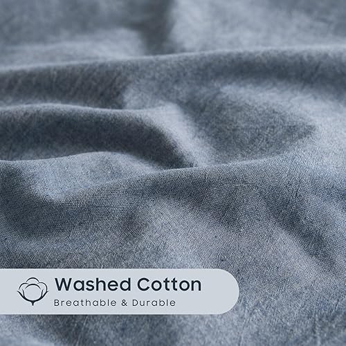 Miniatura 6 de Wake In Cloud - Juego de funda de edredón de algodón, tamaño Queen, azul mezclilla cambray, 100% algodón lavado, textura similar al lino, percal