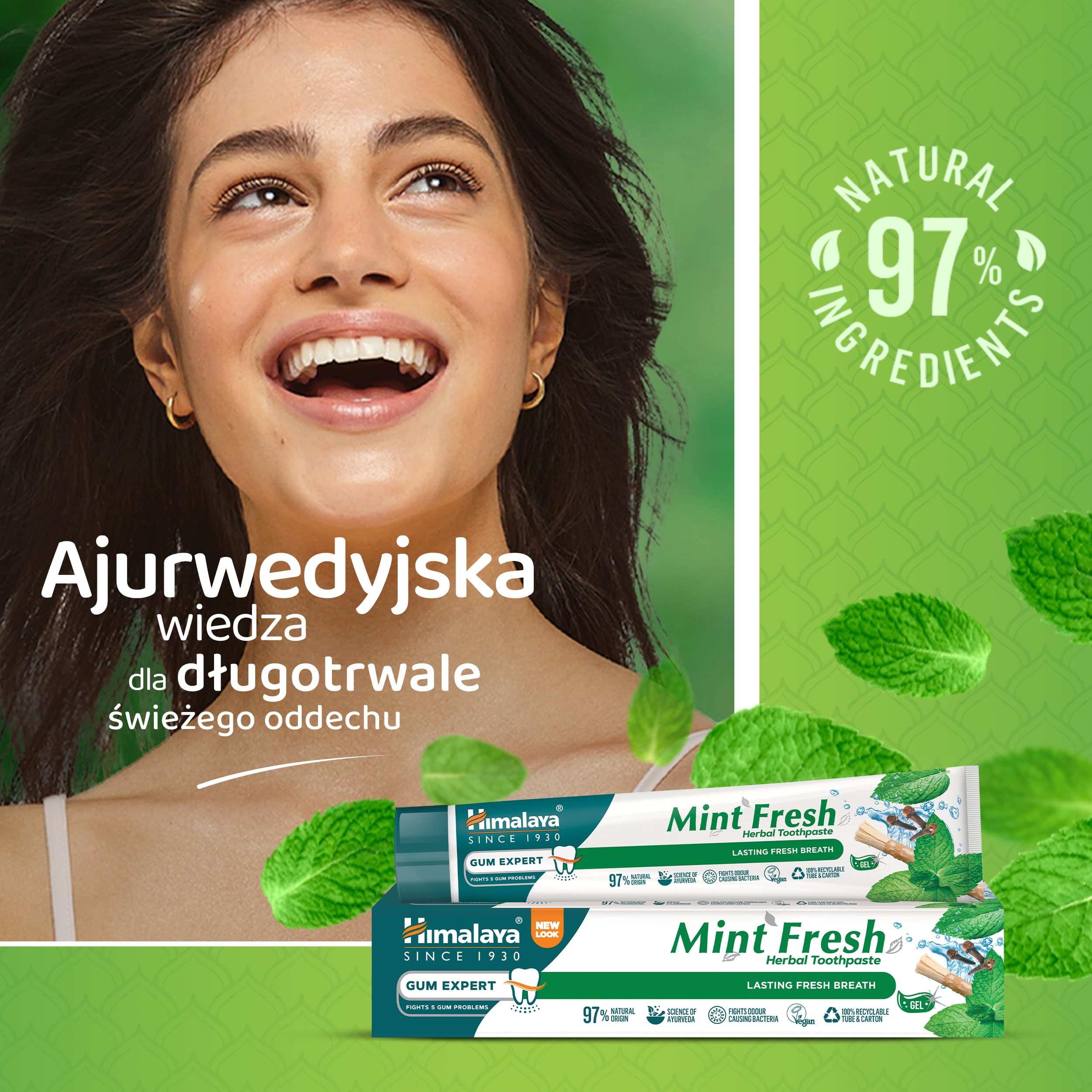 Himalaya Pasta do Zębów Gum Expert - Mint Fresh Długotrwały Świeży Oddech, Ziołowa Formuła, Ochrona przed Szkodliwymi Bakteriami i Tworzeniem się Płytki Nazębnej, 75 ml