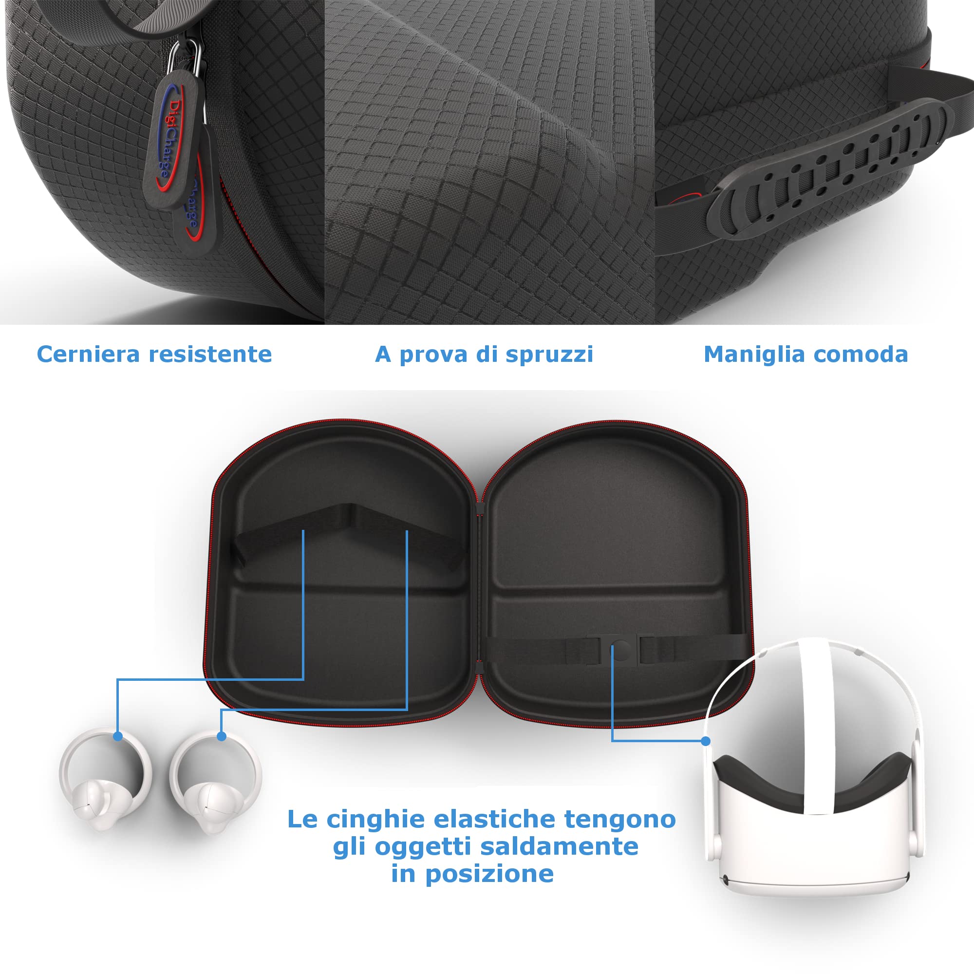 Digicharge Custodia Rigida Compatibile Con Meta Quest 3S / Quest 3 Oculus Quest 2 Cuffie VR Con Cinturino Standard, Controller Touch E Accessori, Viaggio Borsa con Finitura in Diamante Nero
