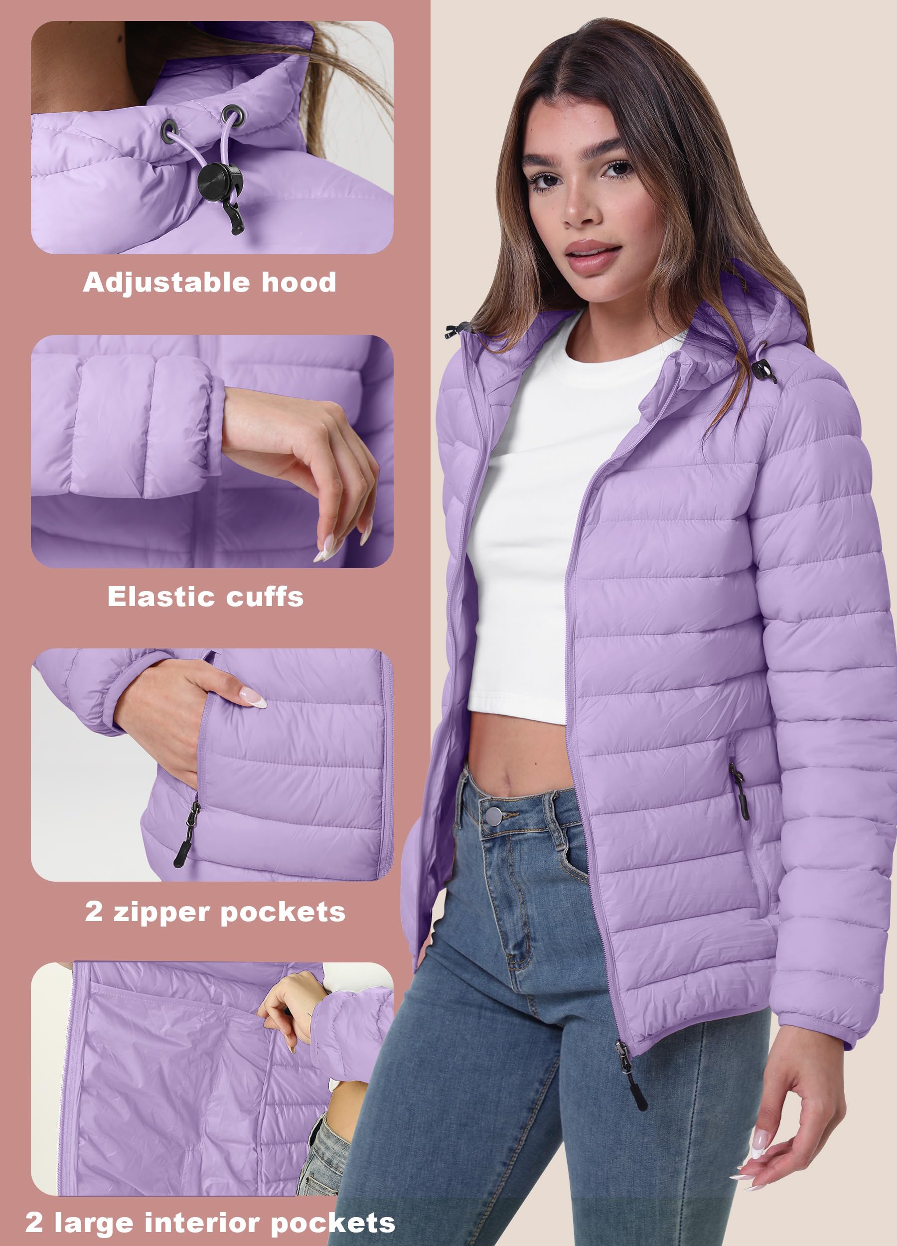 Chaqueta acolchada para mujer, chaqueta ligera de plumón, chaqueta acolchada con capucha, cálida chaqueta de invierno, ligera, para otoño e invierno