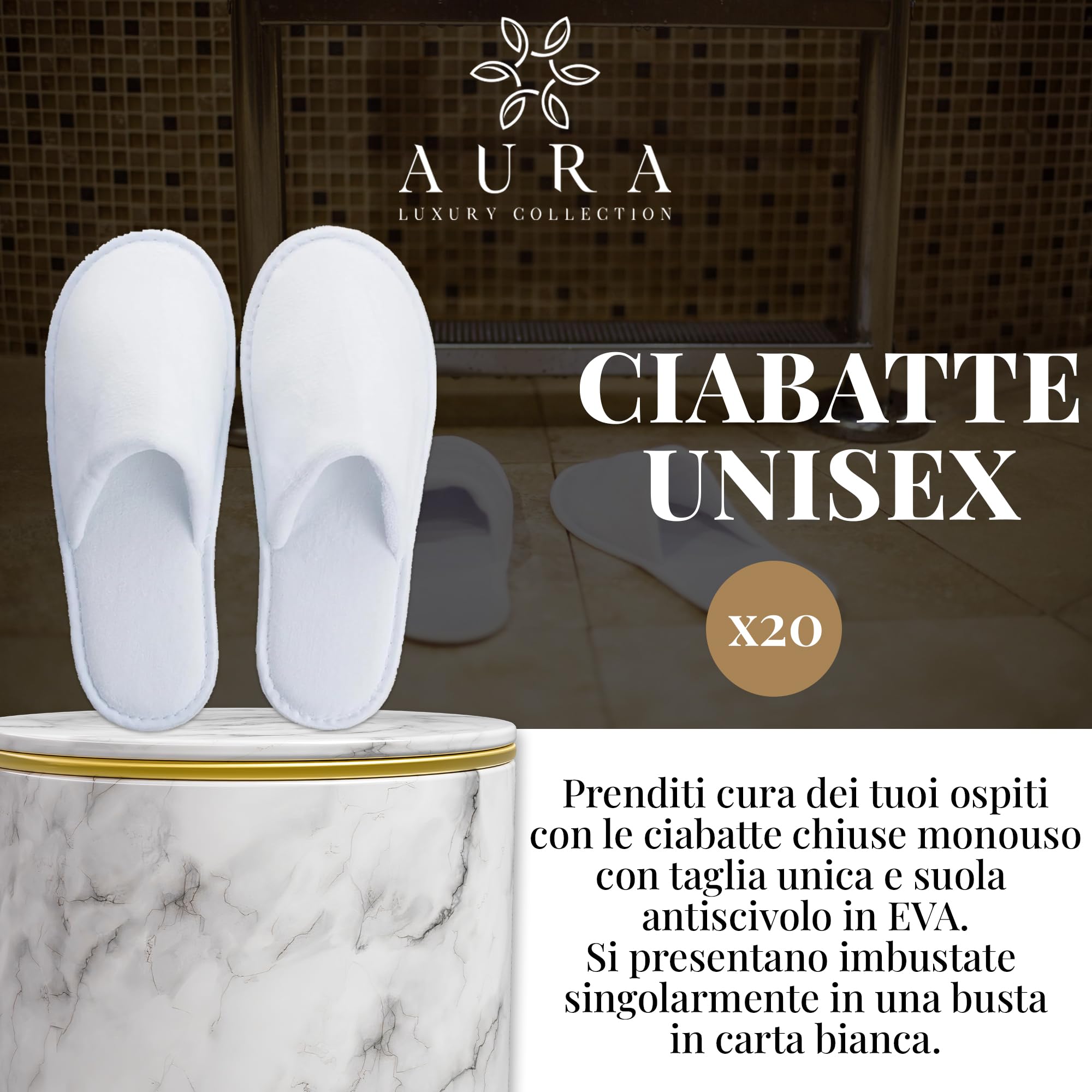 Aura Luxury Collection Kit Cortesia 250 pezzi: 70 flaconi doccia shampoo, 70 flaconi igiene intima, 40 cuffie, 50 bicchieri cartoncino imbustati, 20 paia di pantofole + OMAGGIO 500 fasce garanzia WC