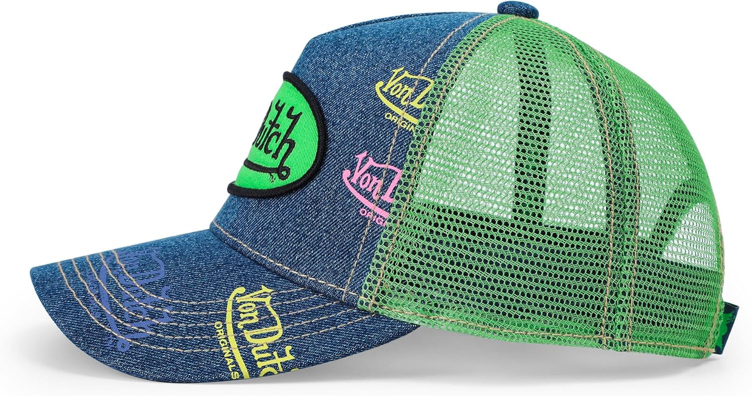 Von Dutch Kids Denim Trucker Hat | Adjustable Mesh Snapback with Logo Patch & Breathable Back | One Size Fits Most