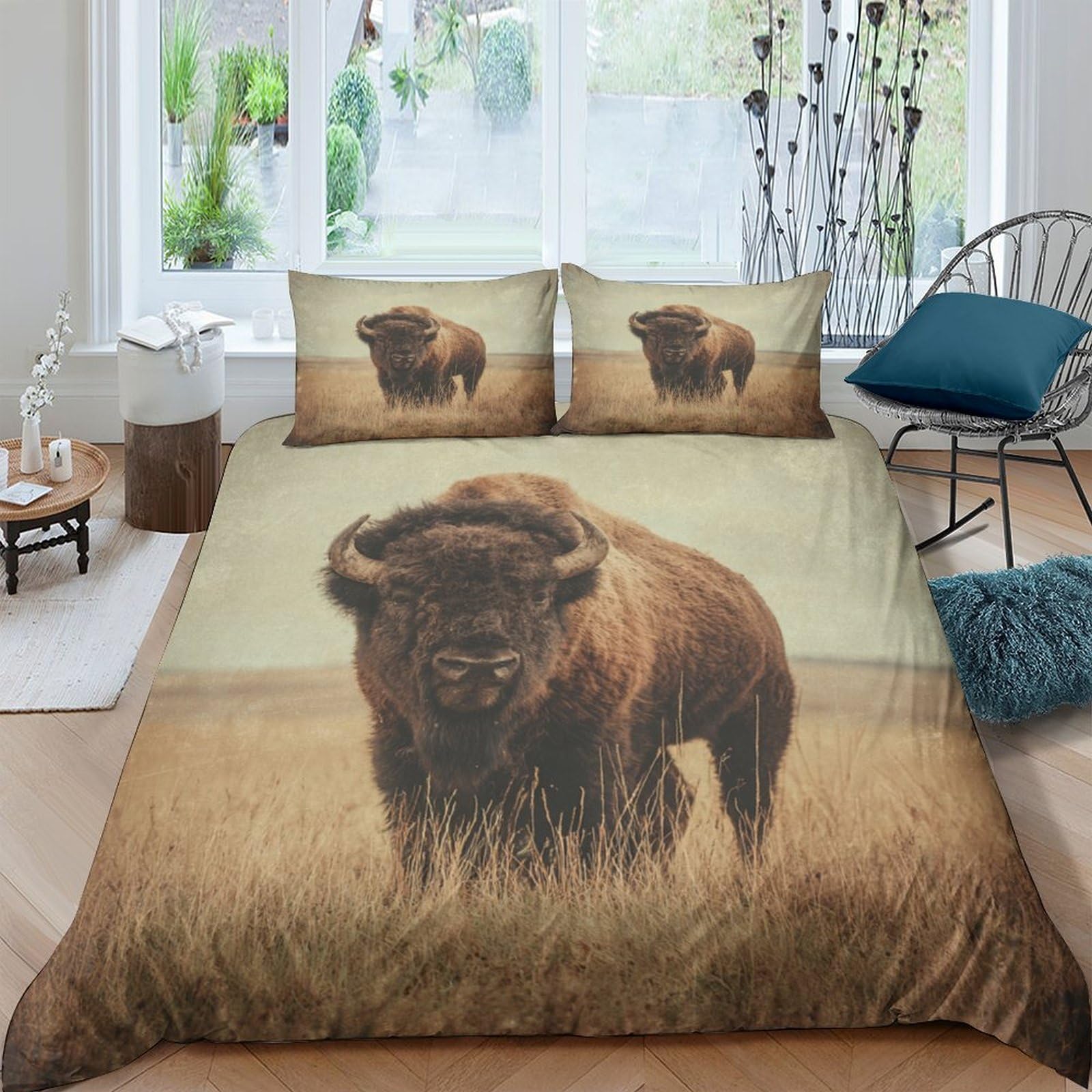 Ctjqhvkz Style-9 3D Printed Bison Prairie Fitted Sheet Microfiber Soft Breathable Wild Animal Bed Cover For Bedroom Dorm Mattress Protection Decor Single（135X200cm）