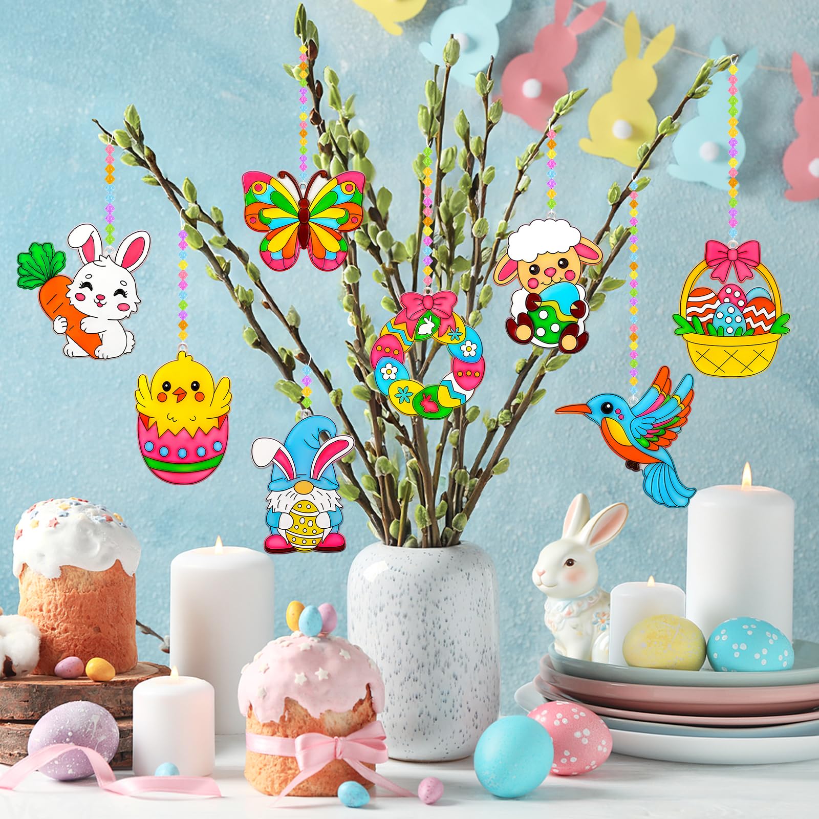 Kit de 24 Décorations Pâques à Suspendre, œufs Lapin Poulet Papillon Oiseaux à Peindre, Attrape-soleil Pendentif Fenêtre