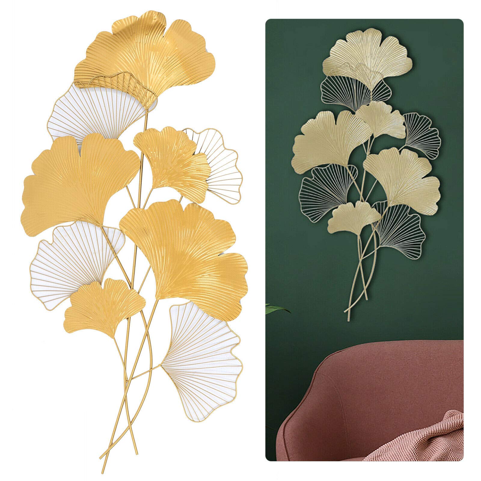 Ginkgo 3D en métal - Décoration murale - Fond de salon - Doré - 110 x 55 cm