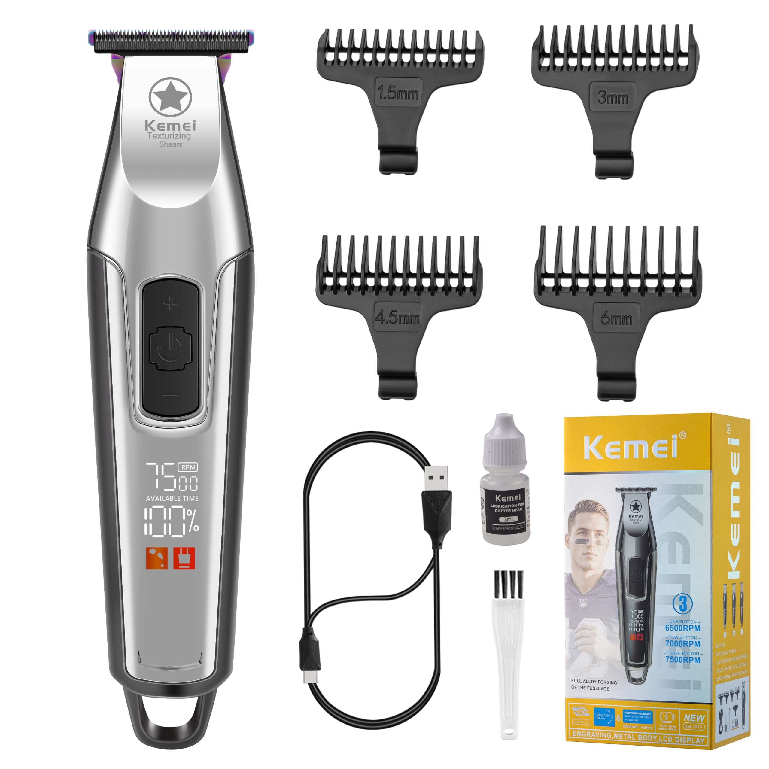 KEMEI KM-1919 Cordless Zero-Gap Hair Trimmer with 3 Speeds, Silver