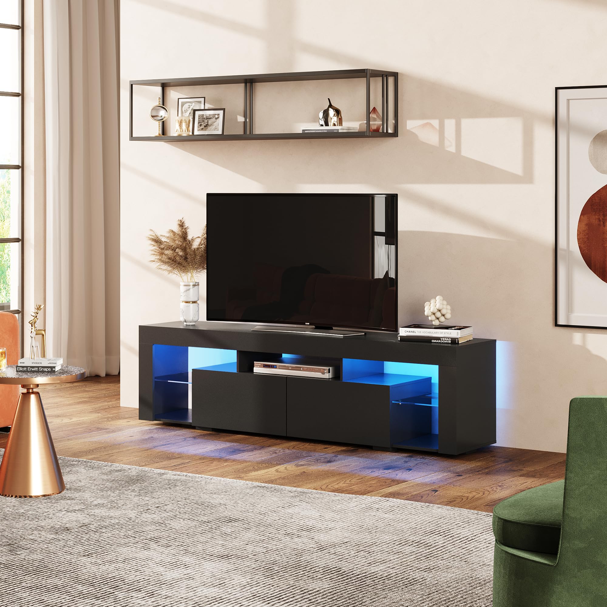 WLIVE TV Schrank mit LED, Lowboard für Fernseher bis zu 70 Zoll, Fernsehtisch für Wohnzimmer, mit Offenen Stauraum und 2 Schubladen, Schwarz