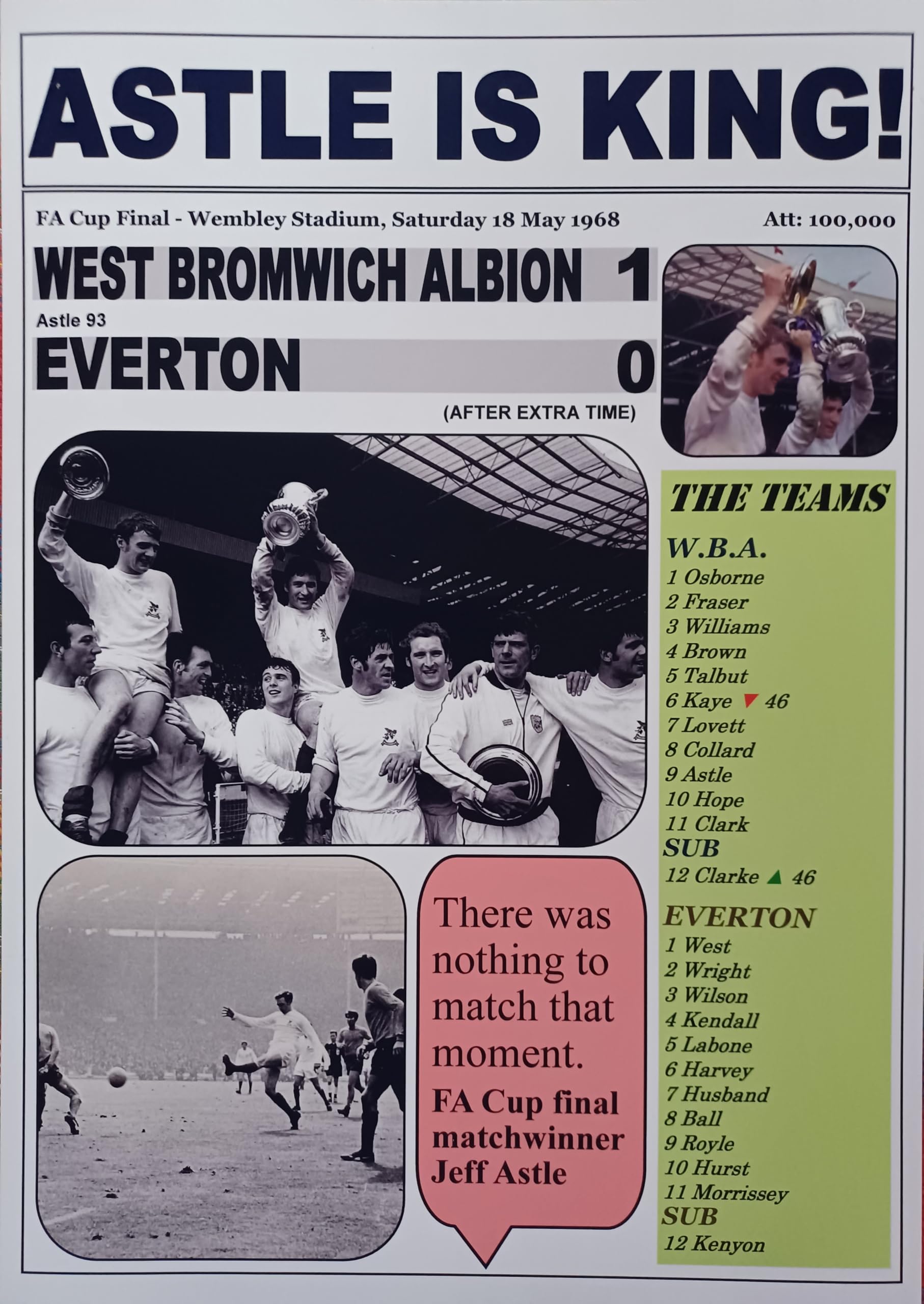 Assorted Multicoloured West Bromwich Albion 1 Everton 0-1968 Fa Cup Final - Souvenir Print