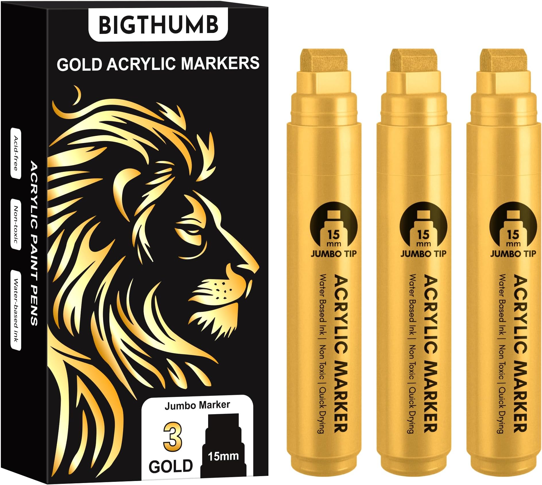BIGTHUMB 3 Pcs Gold Jumbo Permanent Markers: 15mm Wide Tip Thick Acrylic Paint Pen Large Calligraphy Marker for Rock Painting, Poster, Sign, Canvas, Glass, Wood, Ceramic