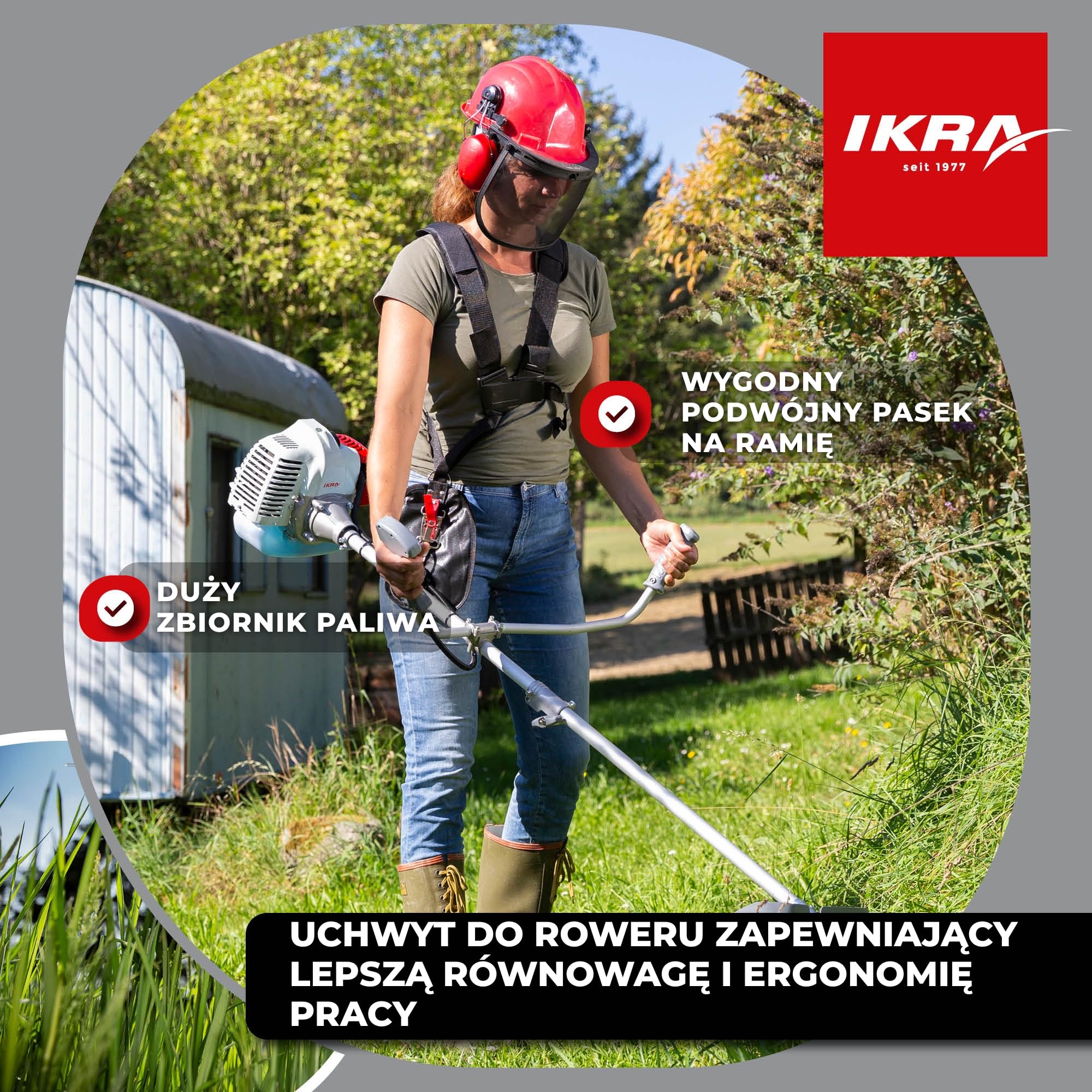 IKRA Podkaszarka spalinowa IBF 4342 z akcesoriami 42,7cm³ 1,25 kW | Zawiera noże 3- i 8-zębne,2 szpule i pas naramienny,mocny silnik 2-suwowy, łatwy rozruch,uchwyt rowerowy