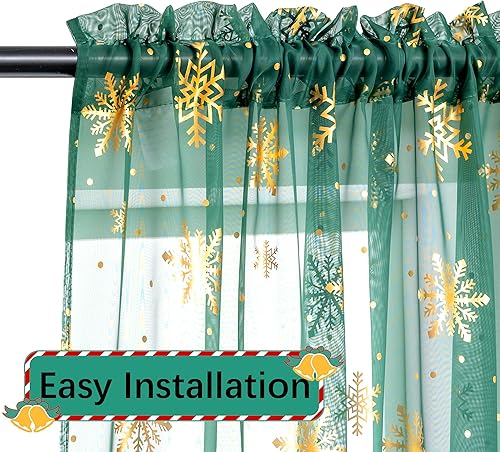 Miniatura 4 de Cortinas traslúcidas de Navidad para sala de estar, cortinas traslúcidas con estampado de copos de nieve de lujo, cortinas de ventana con bolsillo