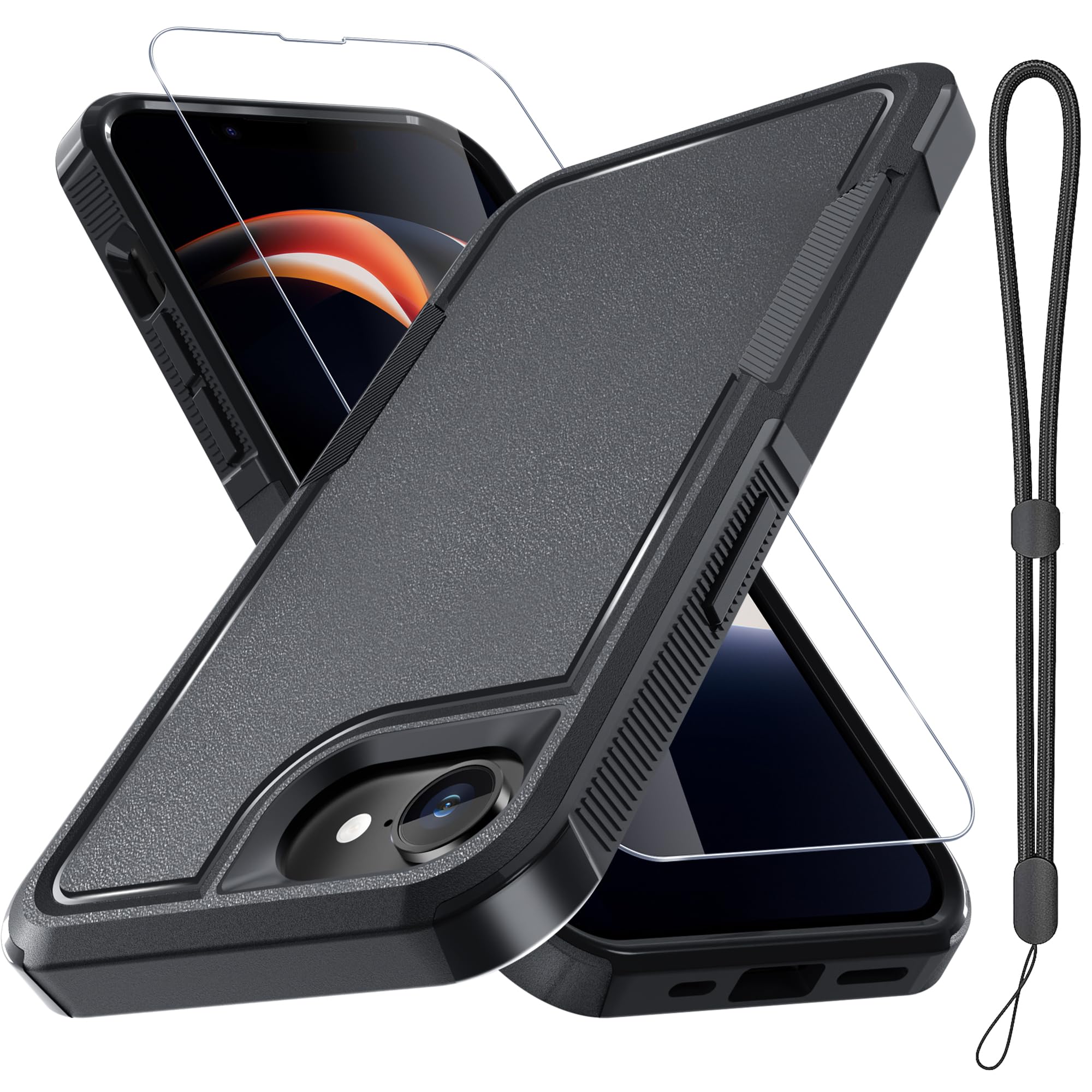 RMOCR for iPhone 16e Case & iPhone 17e Case, with Screen Protector,Military Grade Heavy Duty Shockproof Phone Cover with Wrist Lanyard Strap for iPhone 16e & iPhone 17e,Black Matte