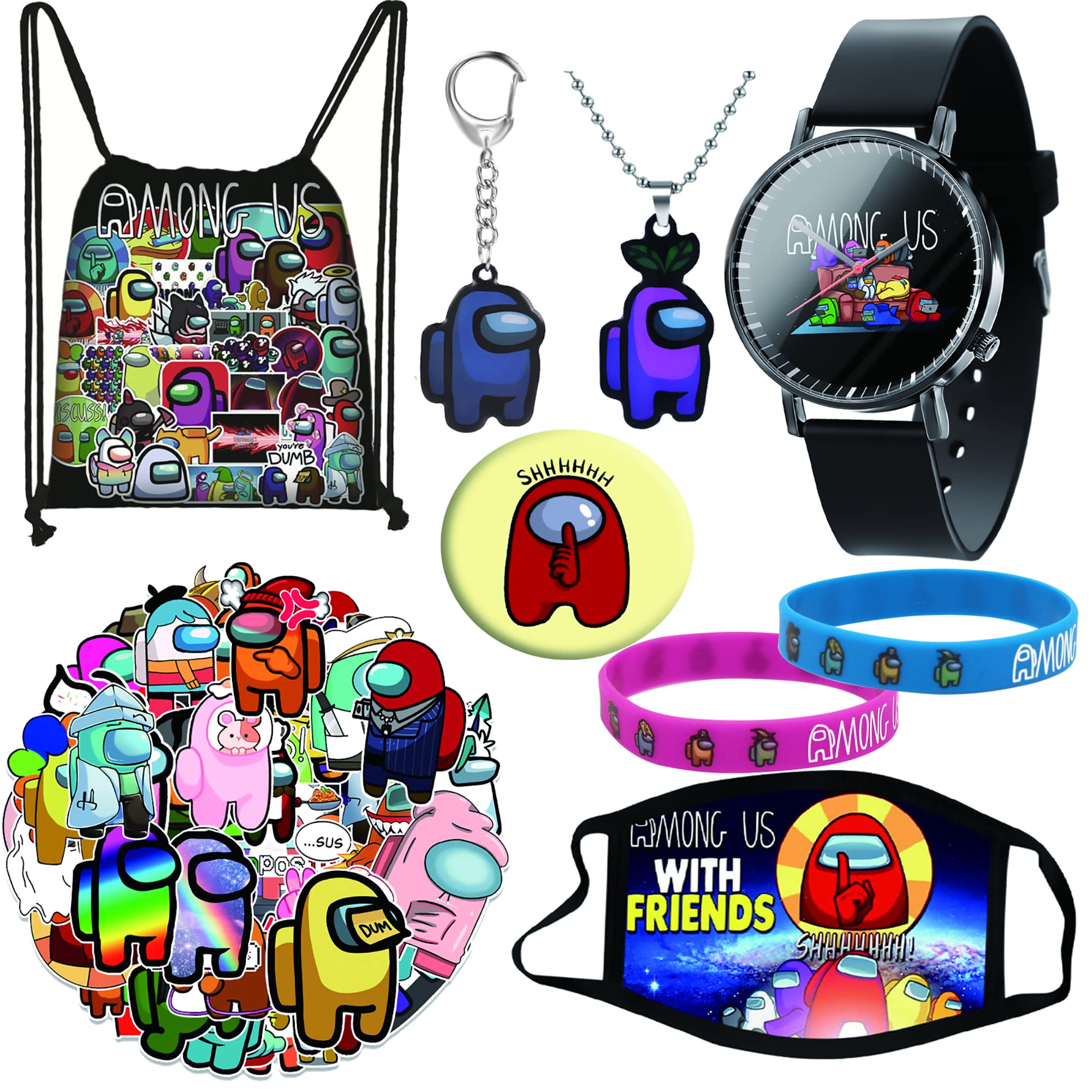 Among Game Us Drawstring Bag Gifts Set, Including Drawstring Bag, Watch, Badge, Face Protection, 50 pcs Stickers, Necklace, Bracelet, Keychain, Elaborately Selected Gift for Fans, Black