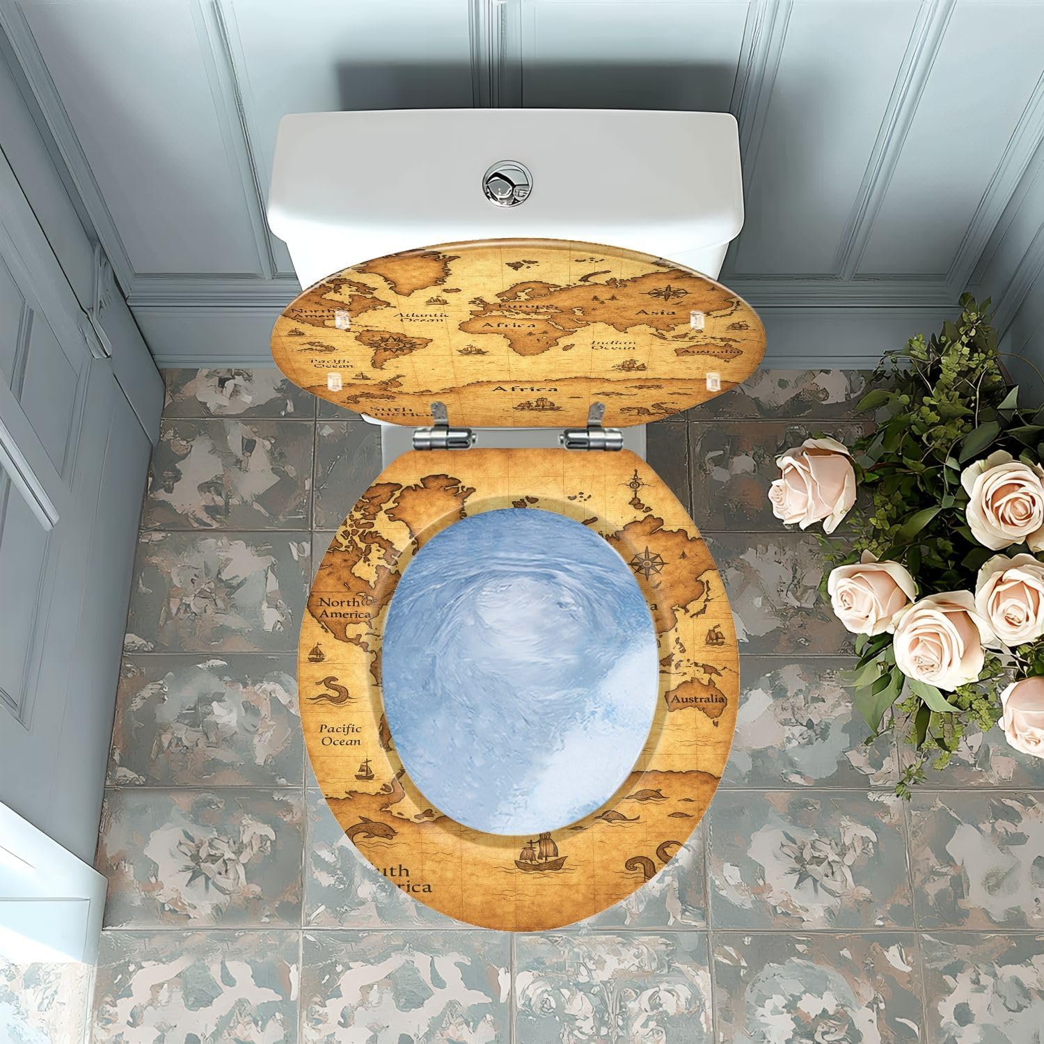 Round Toilet Seat Vintage world map an old stained parchment Resin Colored Toilet Seat Quick Release Hinges with Cover Easy to Install Decorative for Bathroom
