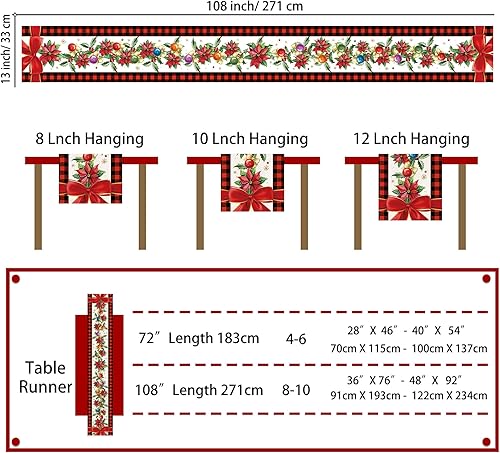 Miniatura 2 de Camino de mesa de Navidad, caminos de Navidad para mesa de 108 pulgadas de largo, camino de mesa a cuadros de búfalo, tema navideño, tapete de mesa