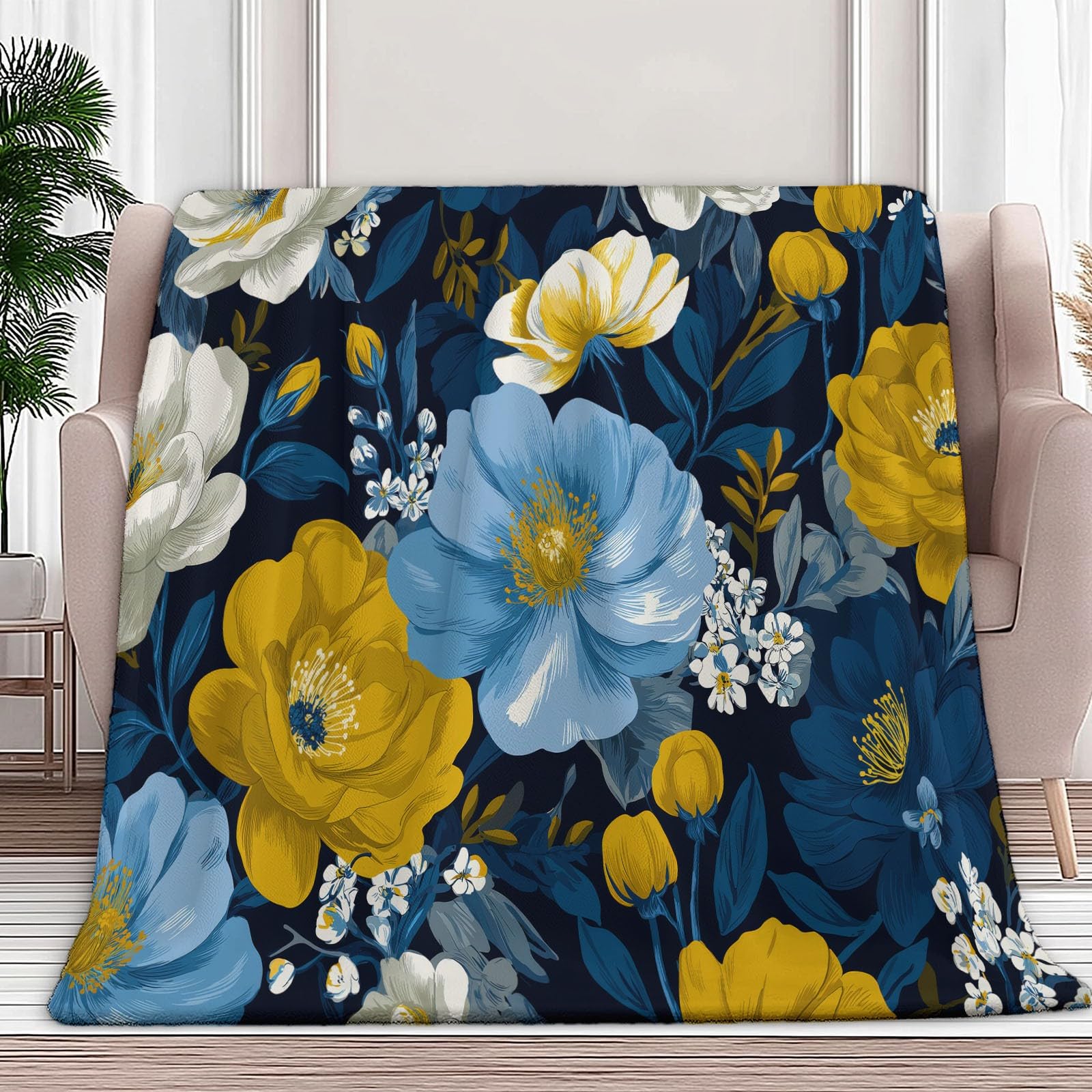 Manta de franela mullida de 220 x 240 cm, de lujo de plantas y flores, manta para sofá y cama como manta de sofá, manta de forro polar de microfibra suave como colcha y manta de sofá, color azul