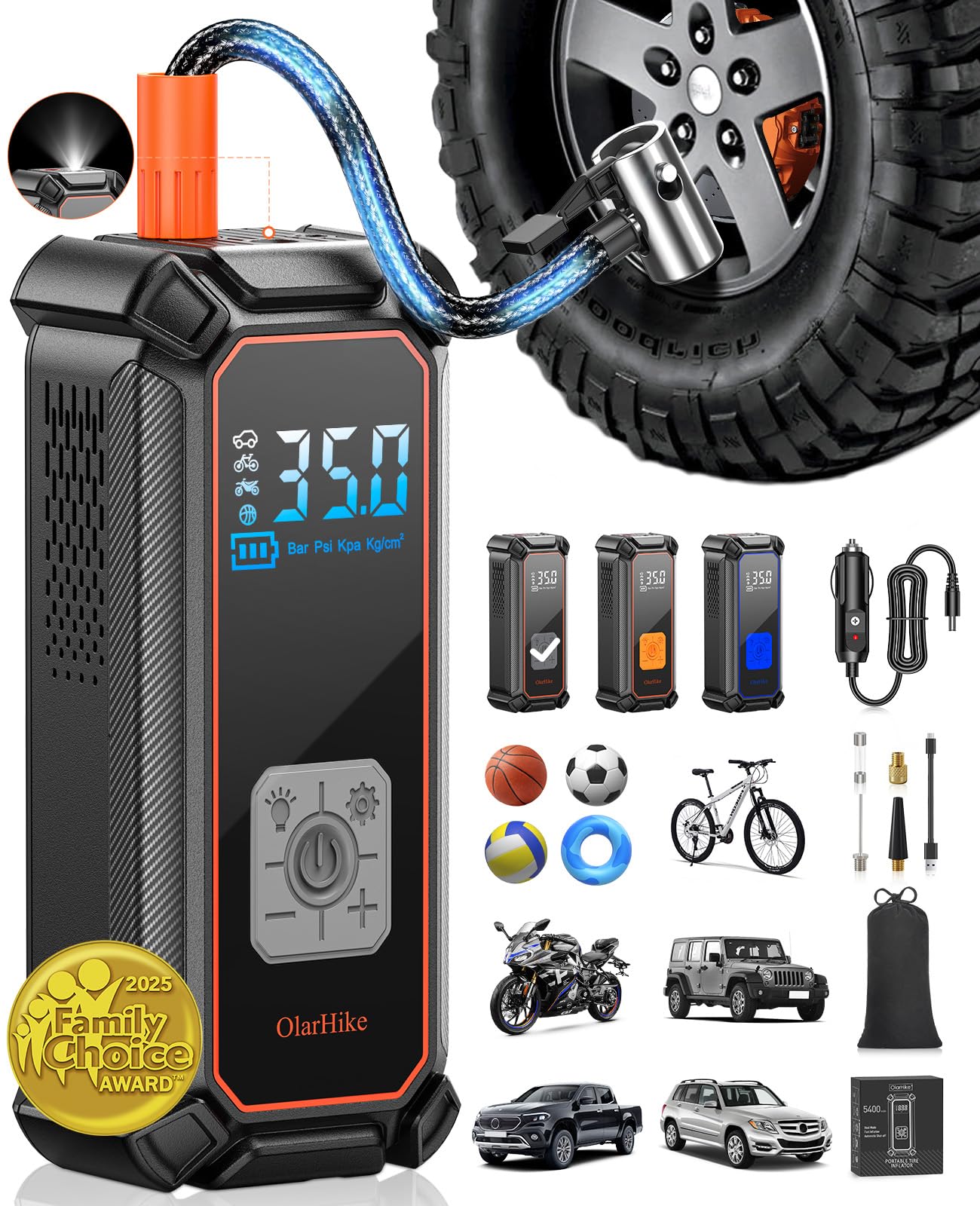 OlarHike Tire Inflator Portable Air Compressor, Battery Powered, 150PSI Dual Mode, Auto Air Pump for Car Tires, Motorcycle, Bicycle, Electric Pump with LED Light & Digital Pressure Gauge