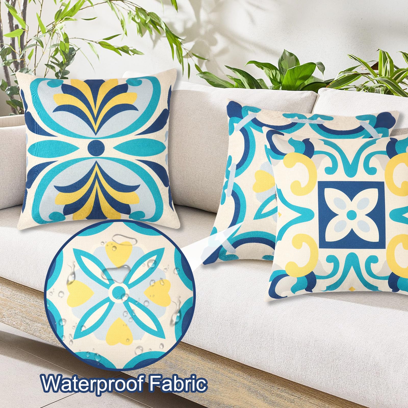 Set di 4 Federe Cuscini per Divano 45x45 cm Impermeabili Bohémien con Fiori Geometrici per Esterno Balcone Patio