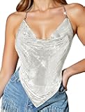 Women Shiny Metal Top Sexy Backless Halter Tops Deep V Crop Vest with Rhinestone Body Chain Party Clubwear Outfits