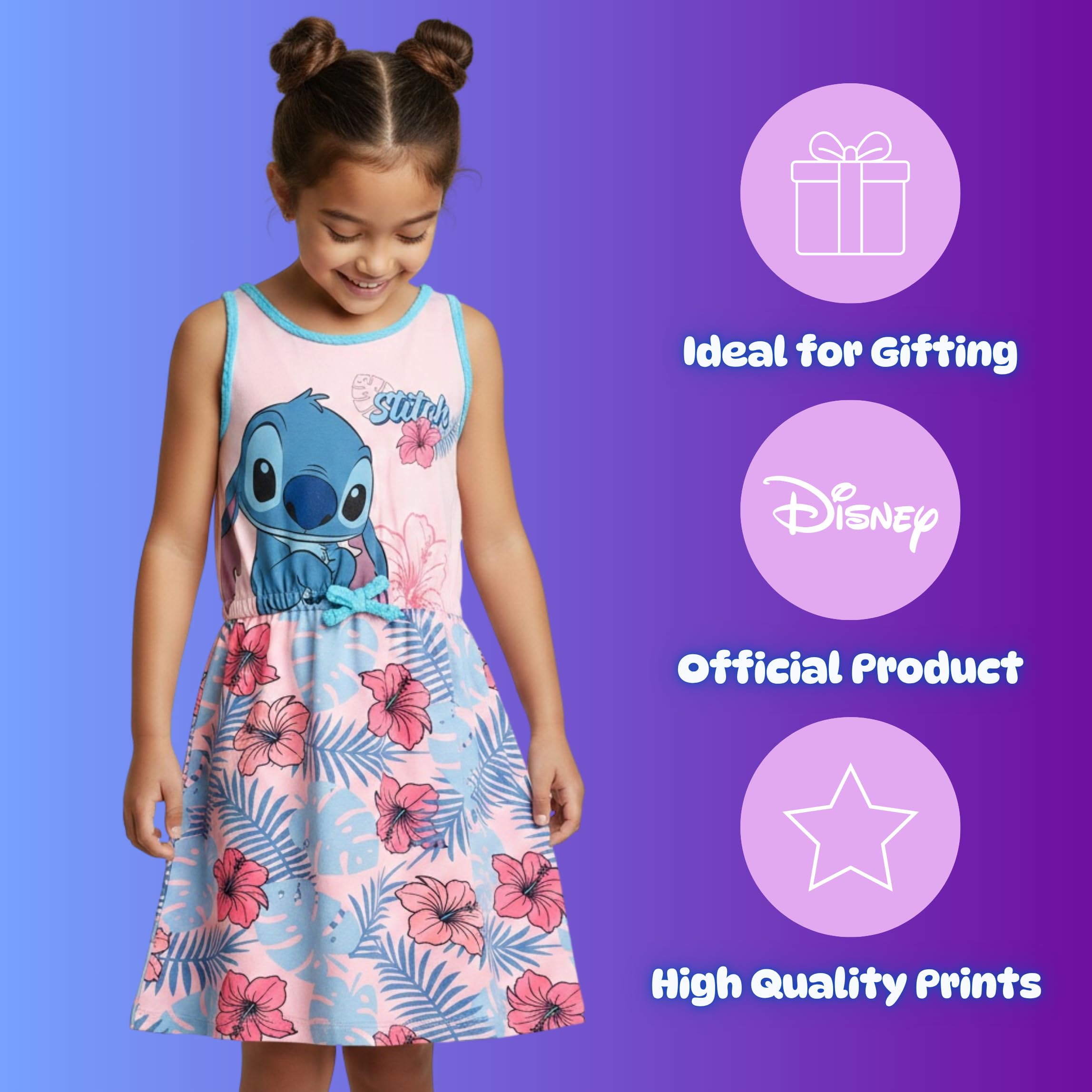 Disney Stitch Vestido para Niña Algodon Suave Tropical Manga Corta Tallas 3-8 Años