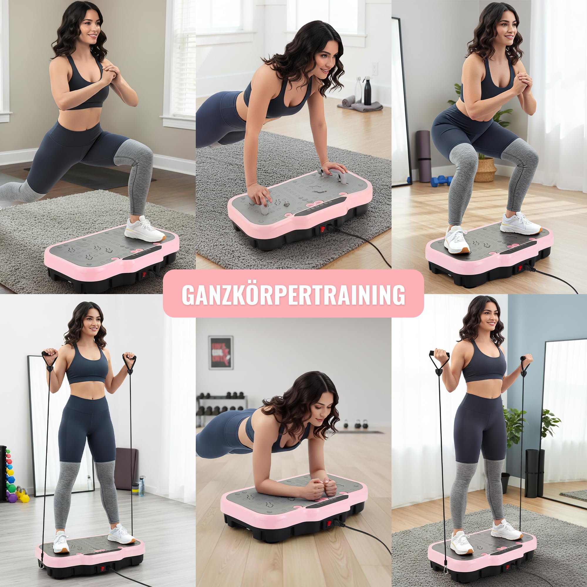 Vibrationsplatte für Körpertraining & Fußmassage mit Liegestützgriffen - Massagegerät mit 200 Stufen, Bluetooth & LED Display, Balance Board incl. Fernbedienung & Bändern für Fitness