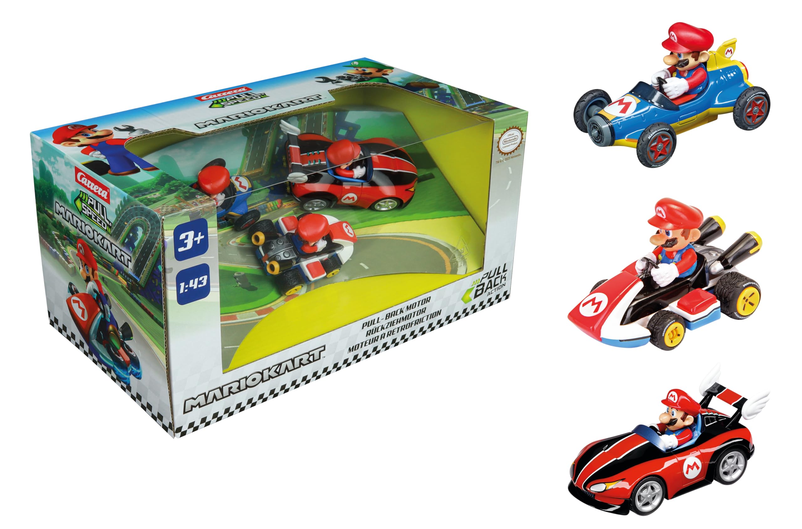 Carrera Pull & Speed I Mario Kart™ - Mario 3 Pack I Wind-Up Car Racing Car I Pull and Speed Car with Pull-Back Motor I For Boys and Girls from 6 Years & Adults I Racing Track