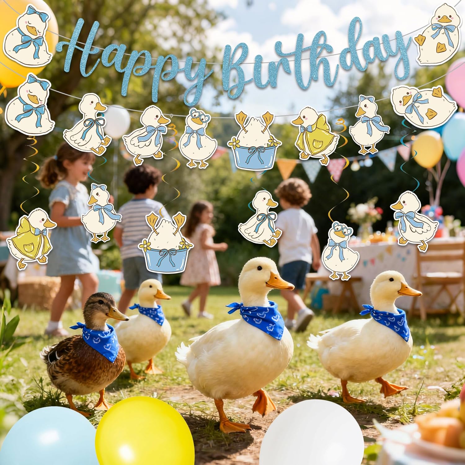 Duck Themed Birthday Party Decorations - Happy Birthday Banner with Garland, Cute Blue Duck Hanging Swirls Decor and Latex Balloons for Kids Baby Boys Party Supplies