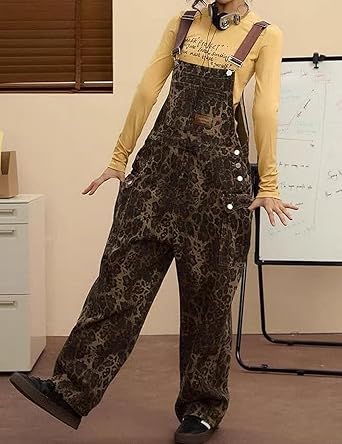 Leopard Print Jeans Denim Jumpsuit Baggy Overalls For Women Y2k Romper Grung Pants Animal Print Pants