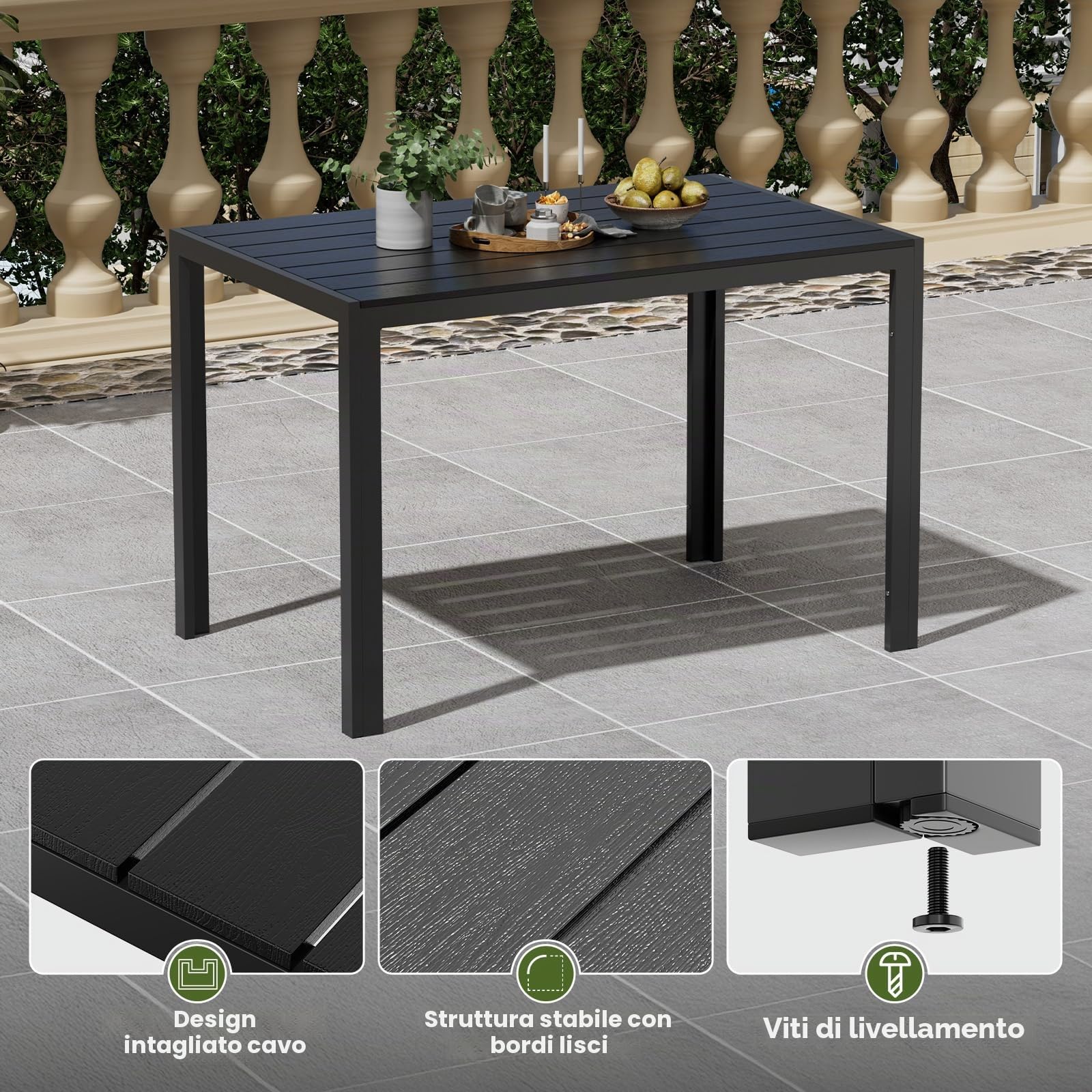 UDPATIO Tavolo da Giardino in Alluminio, 110x70x74 cm Tavolo da Esterno Rettangolare con Venatura Legno, 4-6 Posti, Resistente alle Intemperie per Terrazza e Balcone, Nero + Grigio Scuro