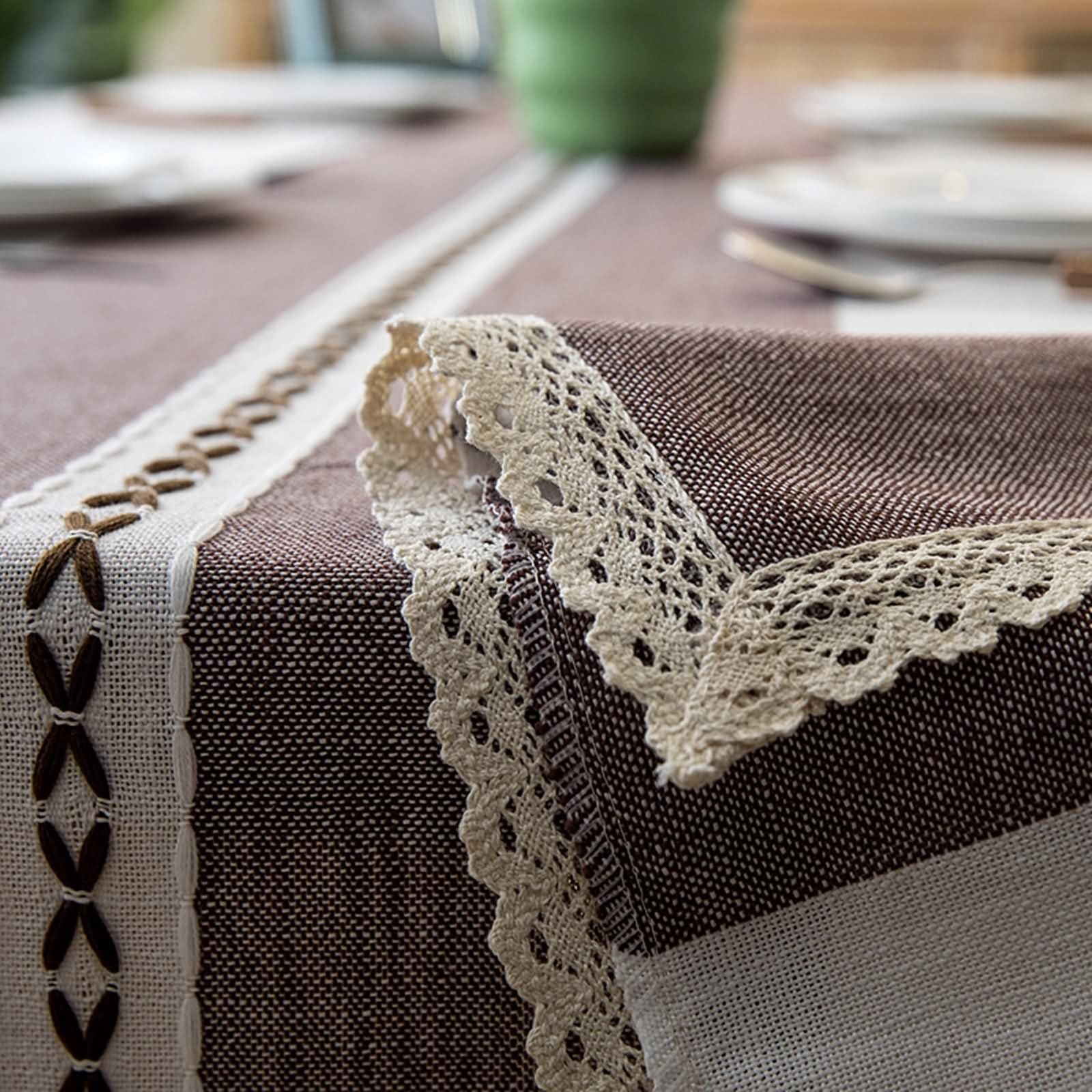Mantel Rectangular Púrpura Oscuro Exterior, Empalme con Encaje, de Poliéster Fácil de Limpiar, 140 x 250 cm, Mantel para Comedor y Cocina