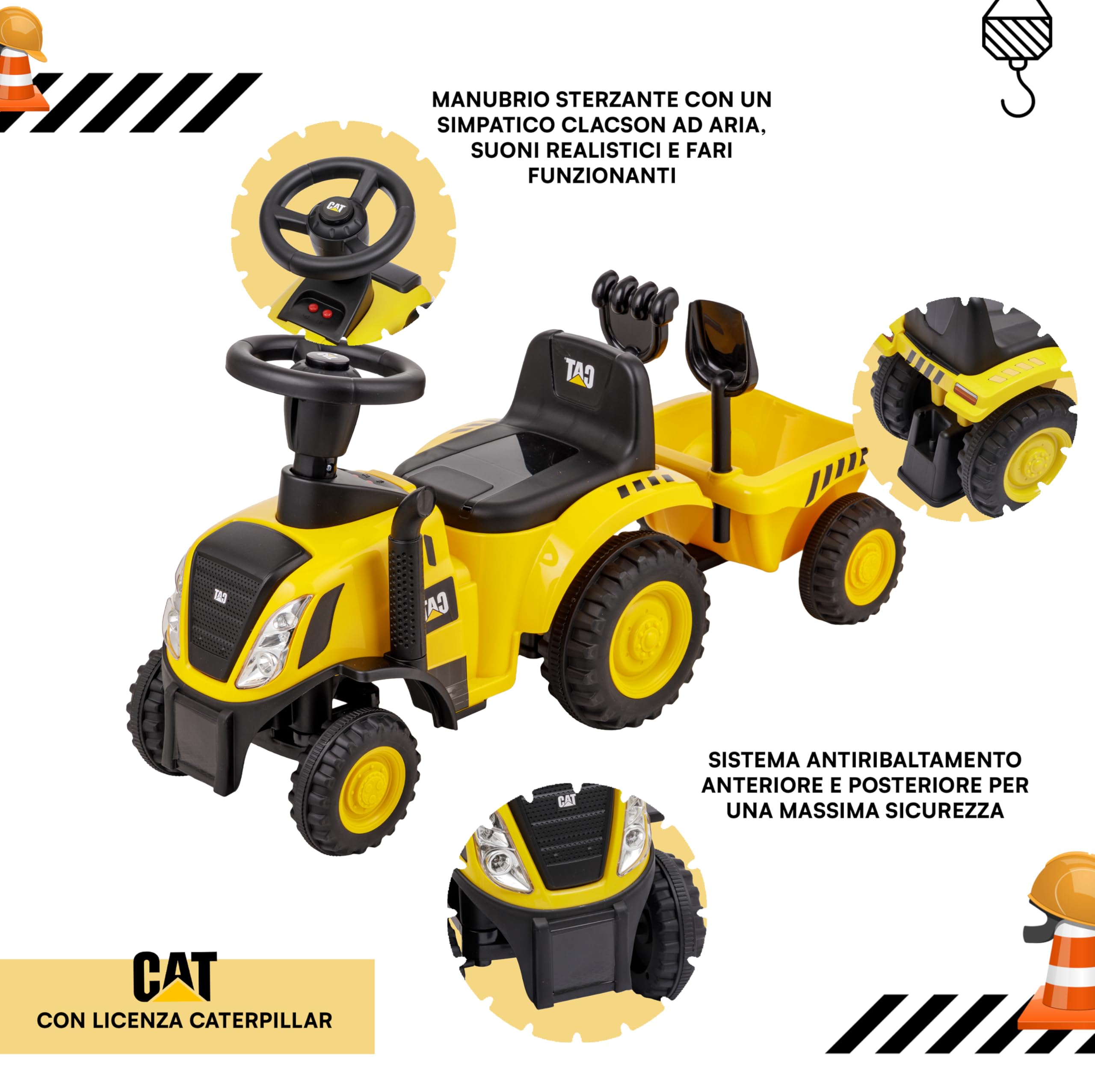 Baroni Toys Trattore Cavalcabile con Rimorchio per Bambini da 1-3 Anni con Licenza CATERPILLAR, Suoni Realistici, Fari Funzionanti e e Vano Portaoggetti, per Interno ed Esterno, 29x91x44 cm