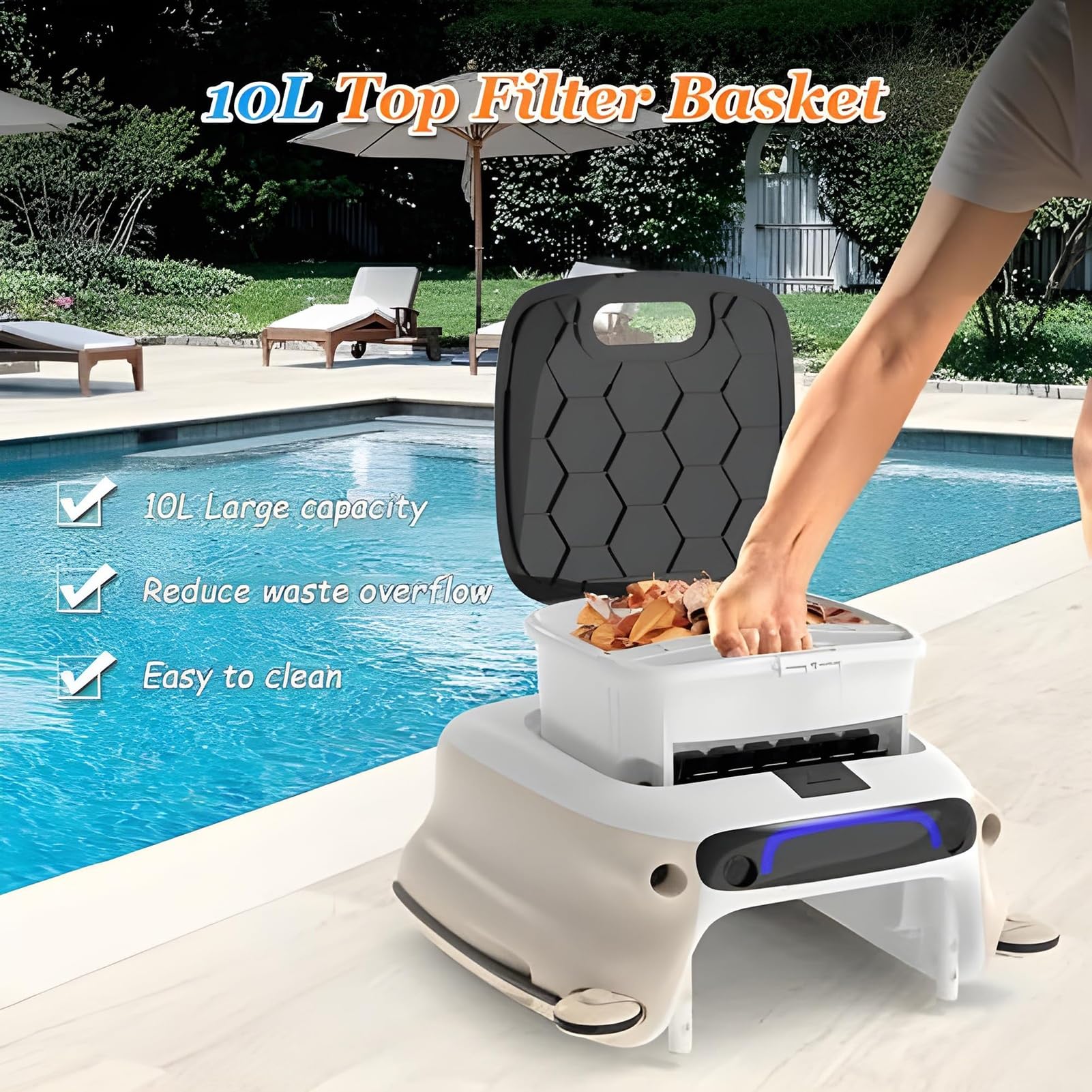 Écumoire robotique de piscine, nettoyeur de piscine, écumoire automatique sans fil avec capacité de 10 L et mousse anti-coincement, pour piscines intérieures et extérieures