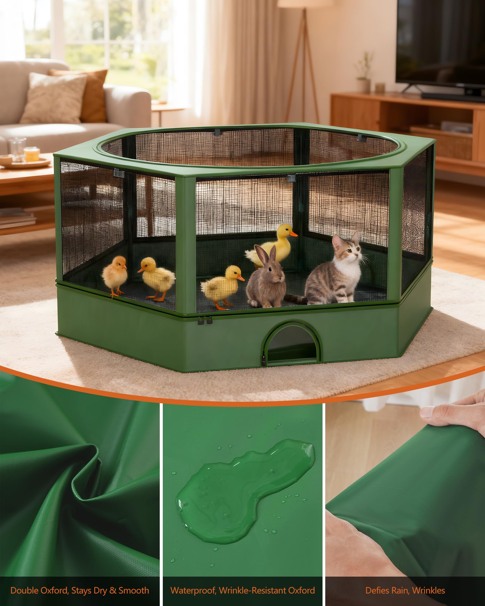 DINMO Kleintiergehege, Freigehege für Kaninchen Meerschweinchen, Haustier-Laufstall mit wasserdichtem Boden für Hamster, Kätzchen, Hühner, für innen und außen, grün und schwarz, 138 x 118 x 58 cm