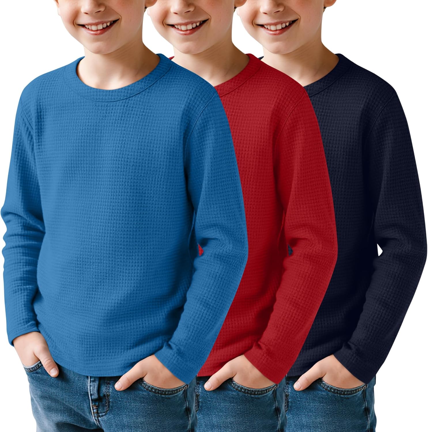 3 Pack Boys Waffle Long Sleeve T-Shirts 5-14 Years Kids Thermal Crew Neck Tops Youth Fall Warm Shirts Basic Tees
