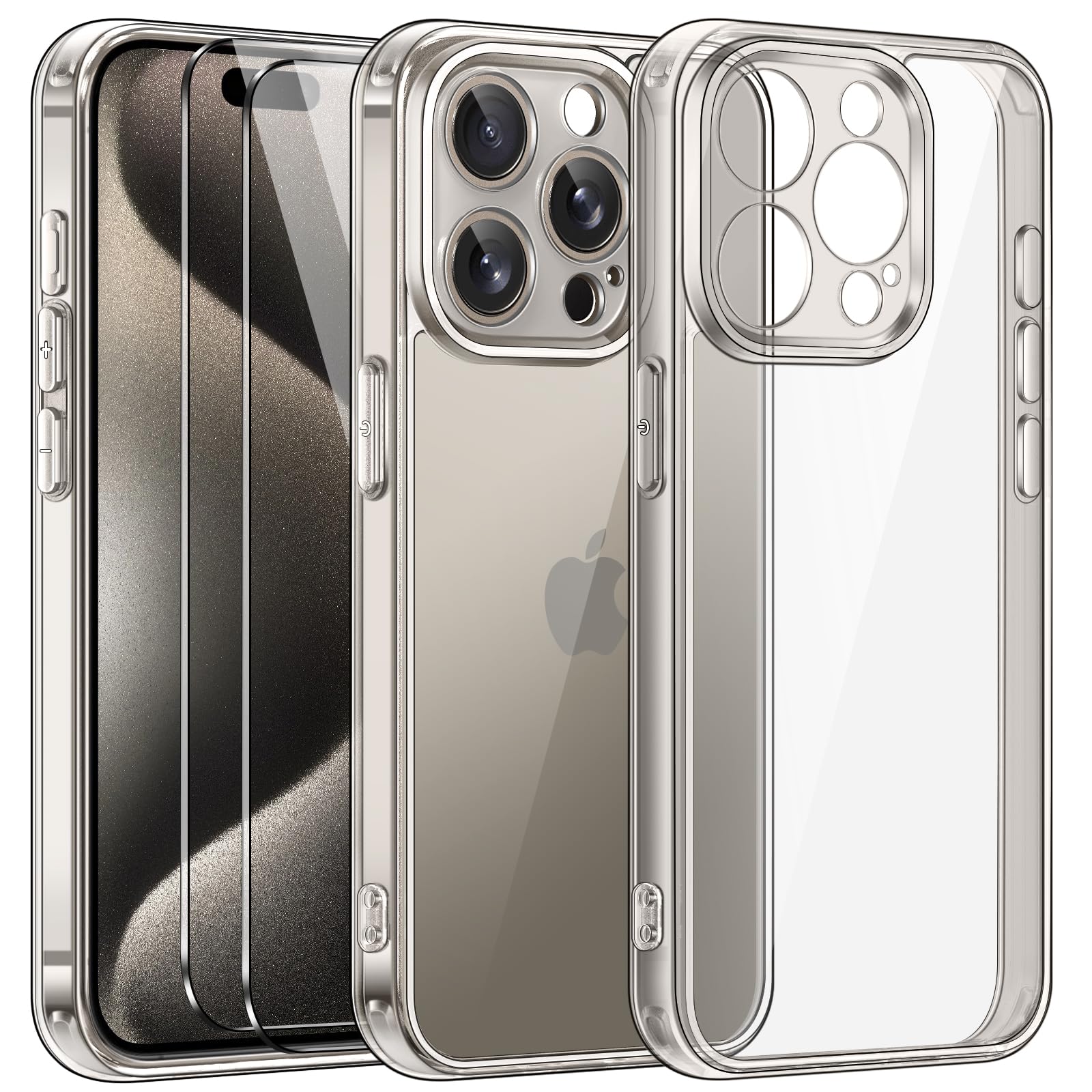 ivoler 3-in-1 Case for iPhone 15 Pro 6.1 Inch, with 2 Pieces Screen Protectors, Never Yellowing, Military Protection, Camera Protection, Thin Transparent, Shockproof, Scratch-Resistant Case - Titanium