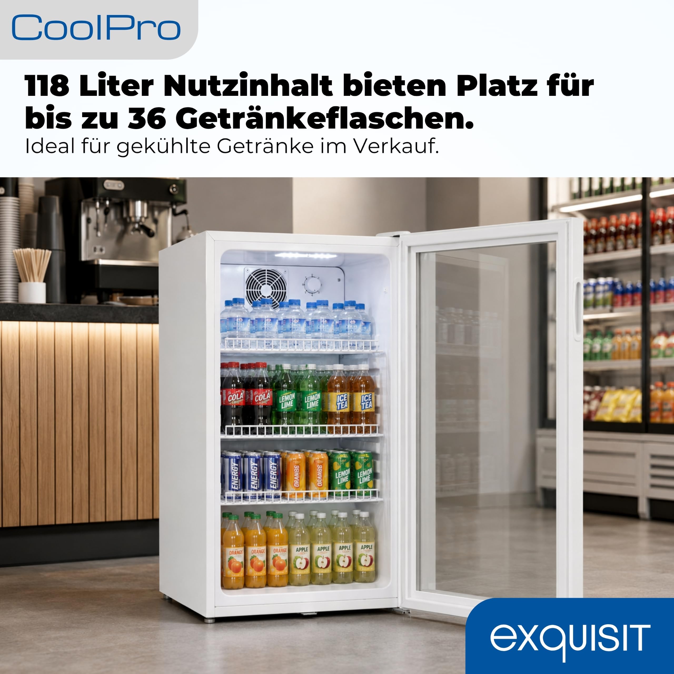Exquisit GKS120-GT-160C - Frigorífico para bebidas (capacidad neta: 118 L, cierre de puerta, 3 estantes, ventilador de circulación, dispositivo de soporte), color blanco