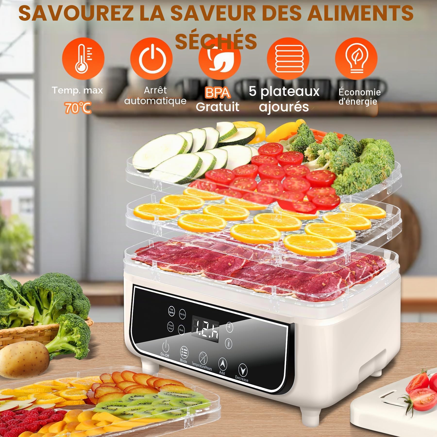 KingSom Déshydrateur Alimentaire, Déshydrateur à 5 Plateaux Réglables en Hauteur, Déshydrateurs d'Aliments avec Minuterie 72H et Température 35-70°C, 4 Modes, Deshydrateur Fruits et Legumes, Sans BPA