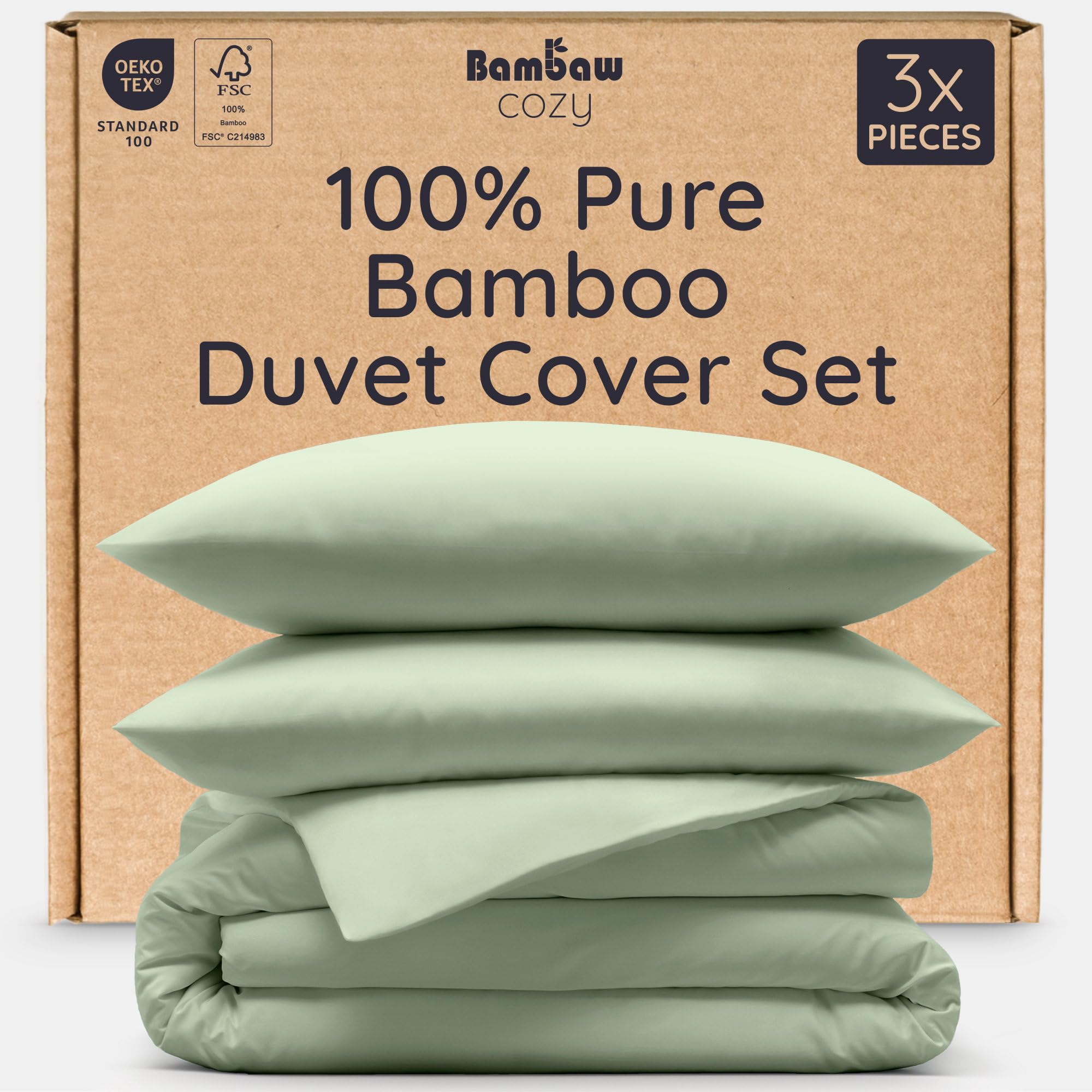 Bambaw Bamboo Duvet Cover Double Bed Set (200 x 200 cm), 3-Piece Double Duvet Cover Set with Cooling Pillow Cases for Night Sweats (50 x 75 cm), Breathable, Soft & Hypoallergenic (Sage Green)