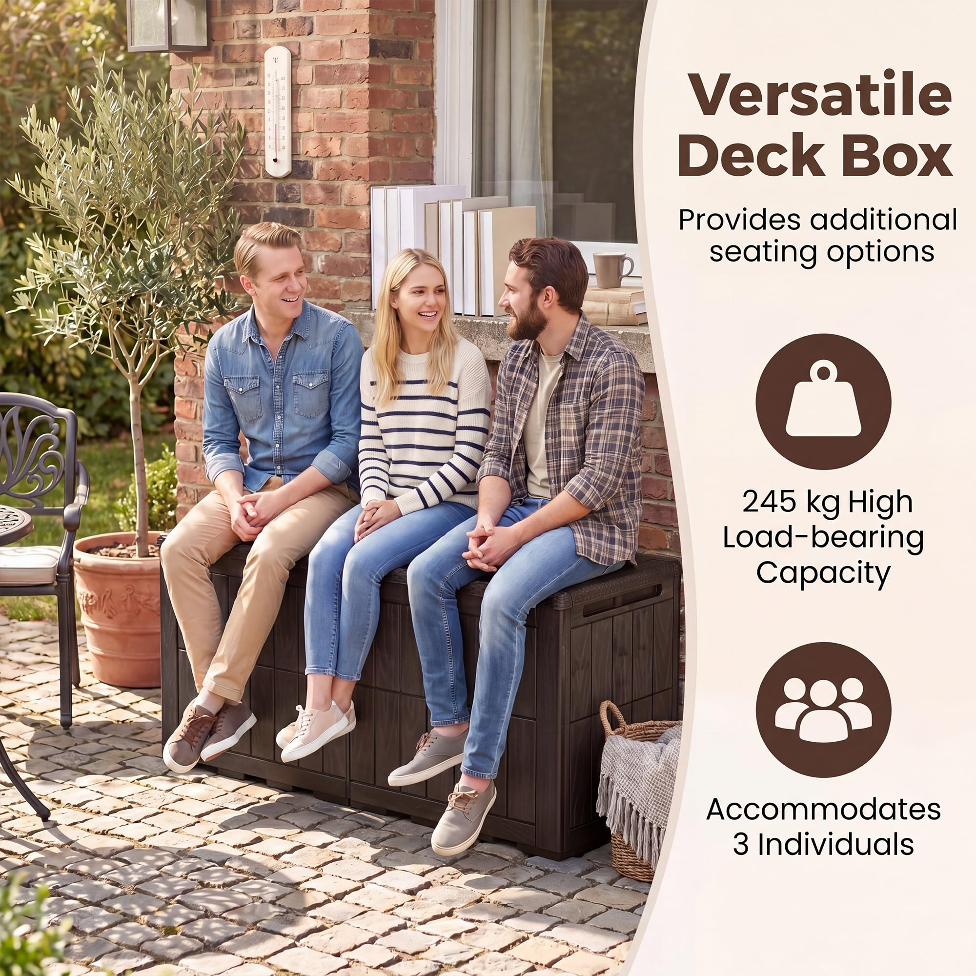RELAX4LIFE Gartenbox wetterfest, 440 L Auflagenbox mit abschließbarem Deckel, Aufbewahrungsbox mit Stauraum, Kissenbox Outdoor wasserdicht, Auflagentruhe für Garten Balkon Terrasse, bis 245 kg, Braun