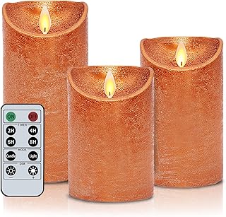 Flickering Flameless Candles Moving Flame LED Real Wax Battery Operated Candles Set of 4 5”6" Realistic Orange Candles with 10key Remote Timer for Wedding Christmas Home Party, Copper
