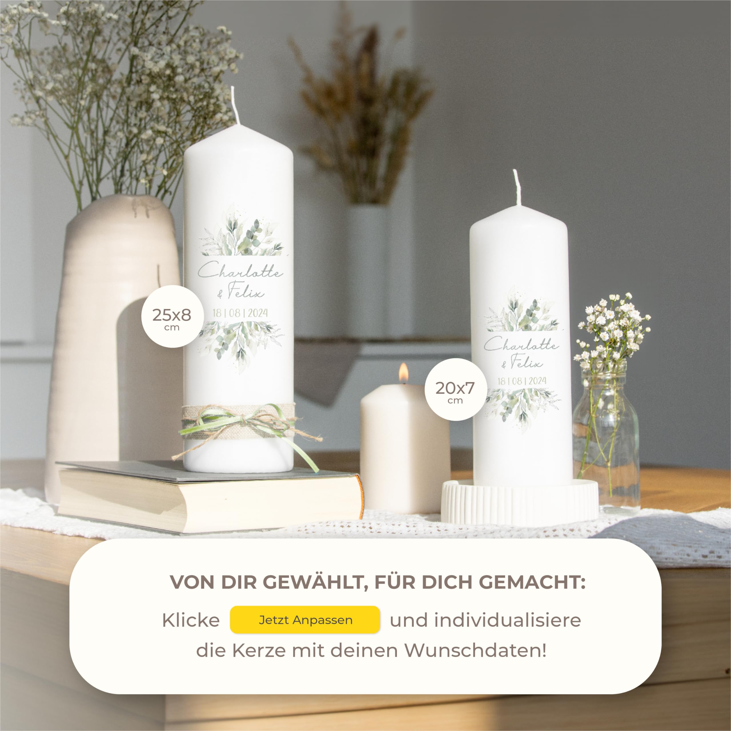 AMARI ® Hochzeitskerze personalisiert Pflanzwelt 20/7 cm- mit Namen & Datum – Elegante Traukerze für Hochzeit & Standesamt – Individuelles Geschenk zur Trauung