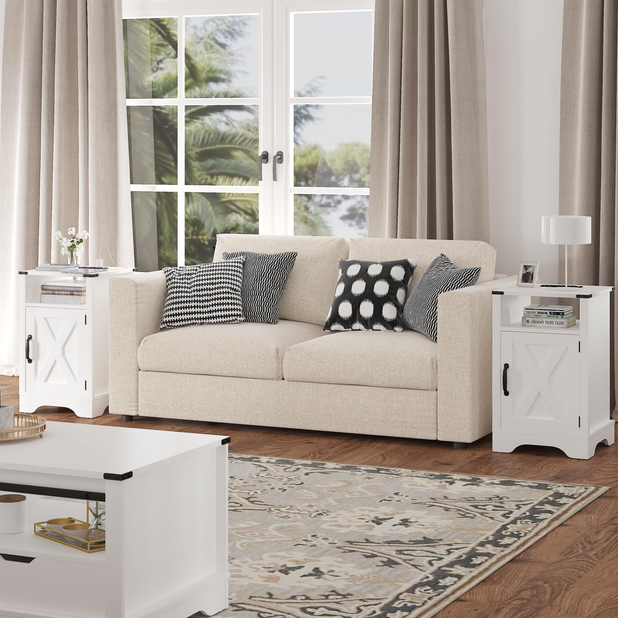 RoyalCraft Comodino alto con stazione di ricarica, tavolino bianco con contenitore, grande comodino rustico in legno per camera da letto, casa ufficio