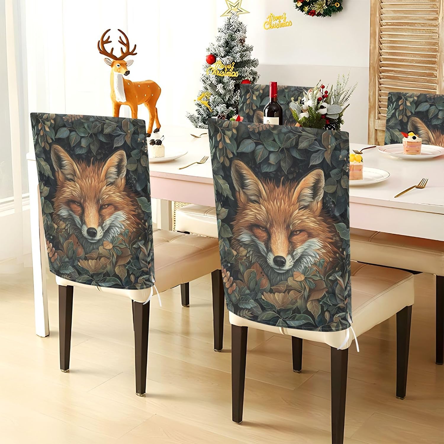 ALAZA Fox Leaves Chair Back Cover Set of 6, Washable Reusable Removable Chair Slipcovers Decorative Chair Cover for Home Kitchen Wedding Party