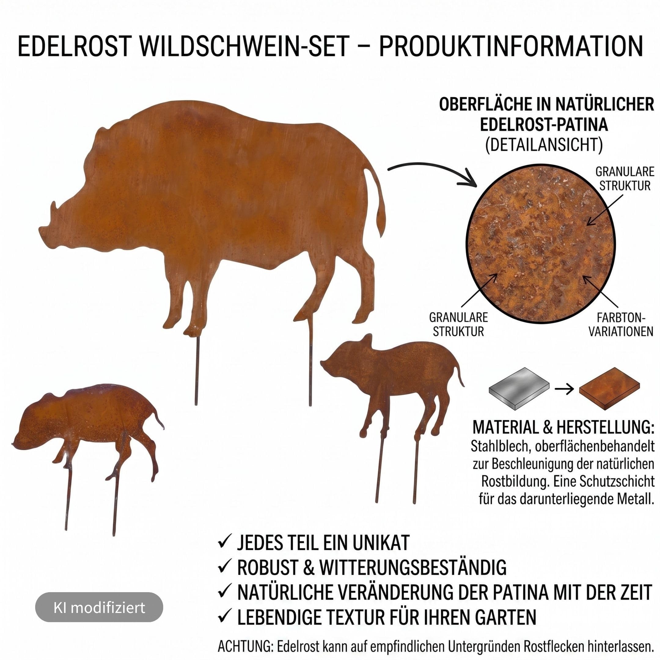 Storm's Gartenzaubereien Gartenstecker Wildschwein Figuren 1 großes Schwein und 2 kleine Ferkel in Rostoptik 46xH28cm