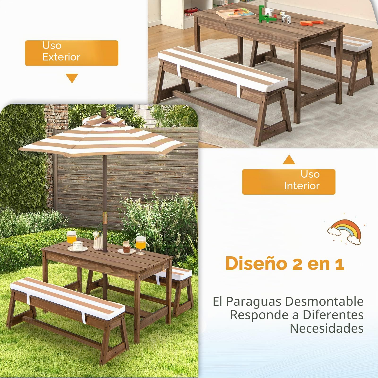 GOPLUS Conjunto 4 en 1 de 1 Mesa +2 Banco +1 sombrilla para niños, Mesa de Actividades y Banco de Madera de Abeto para niños, Conjunto de Muebles portátiles de Exterior para 4 Personas (marrón)
